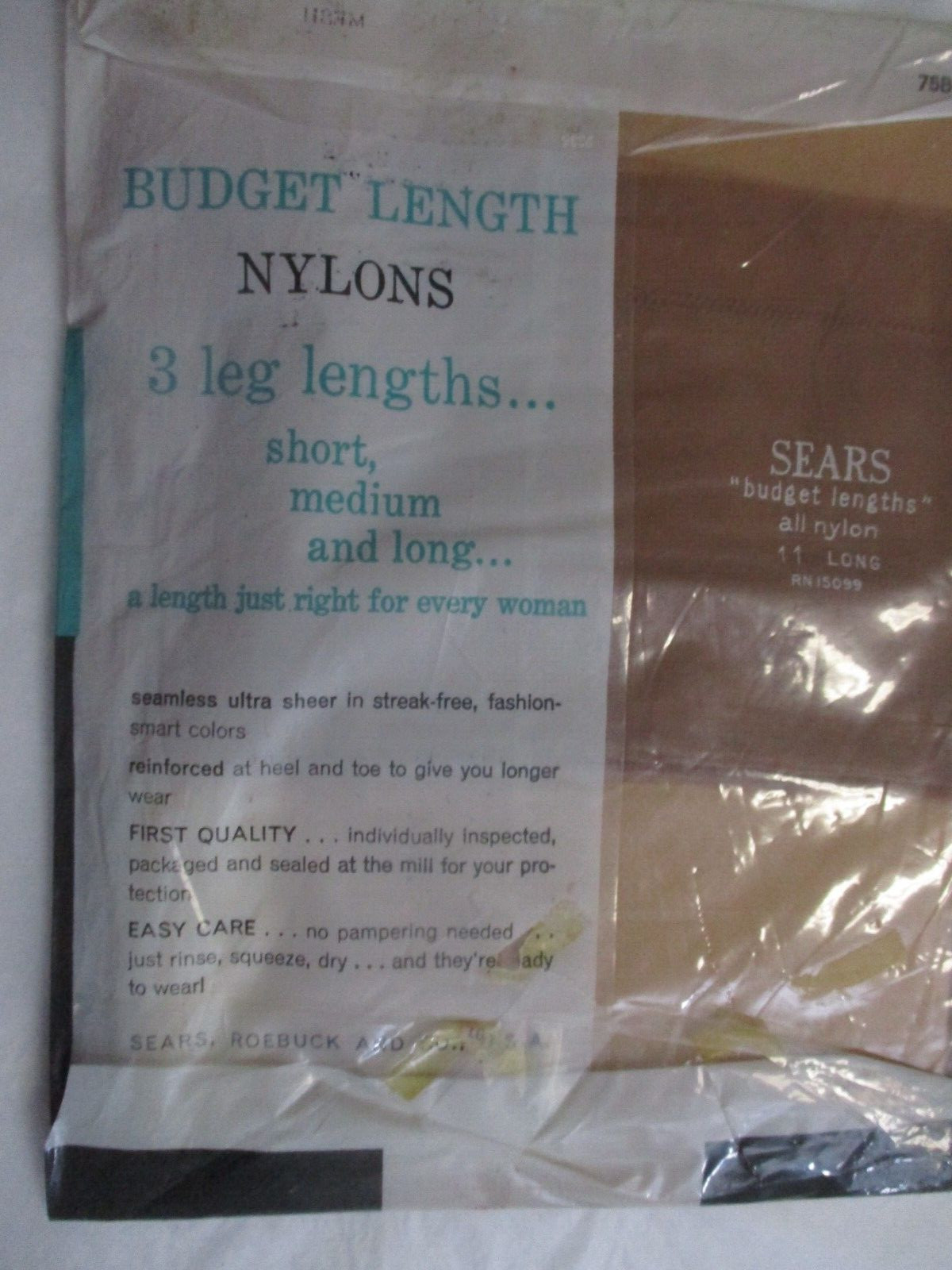 1PR VINTAGE SEARS RHT SHEER MICRO MESH NYLON STOCKINGS SIZE 11 LONG 35″ BEIGE