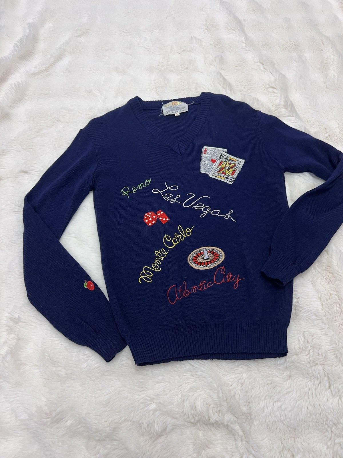 VTG CYN LES SHIRLEE DESIGNS CASINO SWEATER LAS VEGAS RENO TAHOE L GAMBLING