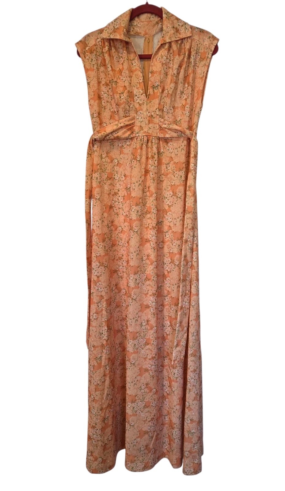 60s/70s Peachy Ditzy Floral Empire Waist Maxi Dress Tie Back Hostess, Boho GUC