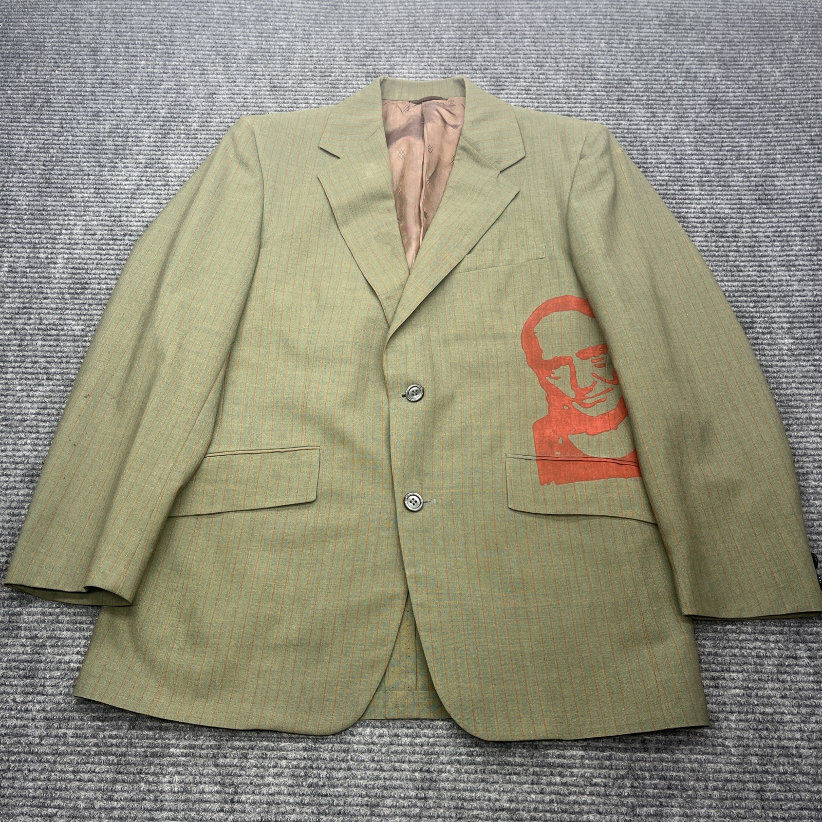 Vtg 70s Green Red Pinstriped Sport Coat Deconstructed Face Graphic 38R Lyncraft