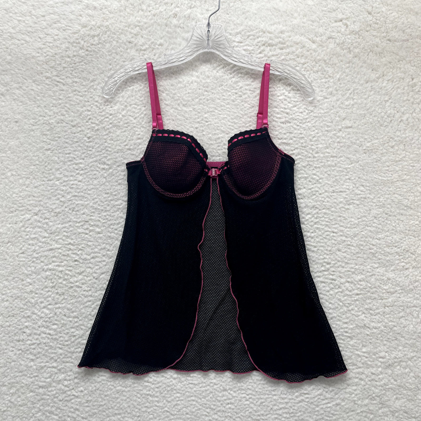 Y2K Vintage Hot Kiss Babydoll Slip Dress 34C Black Pink Net Mesh Front Clasp
