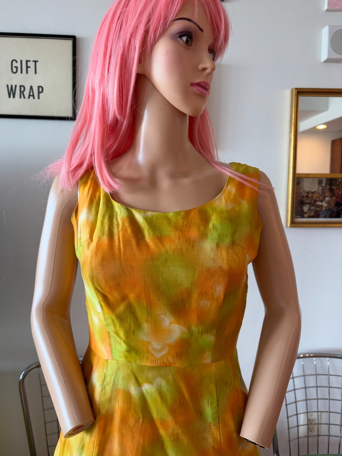 🍊 Vtg 50s Silk Citrus Atomic Floral Side Pleat Structure Cocktail Dress M