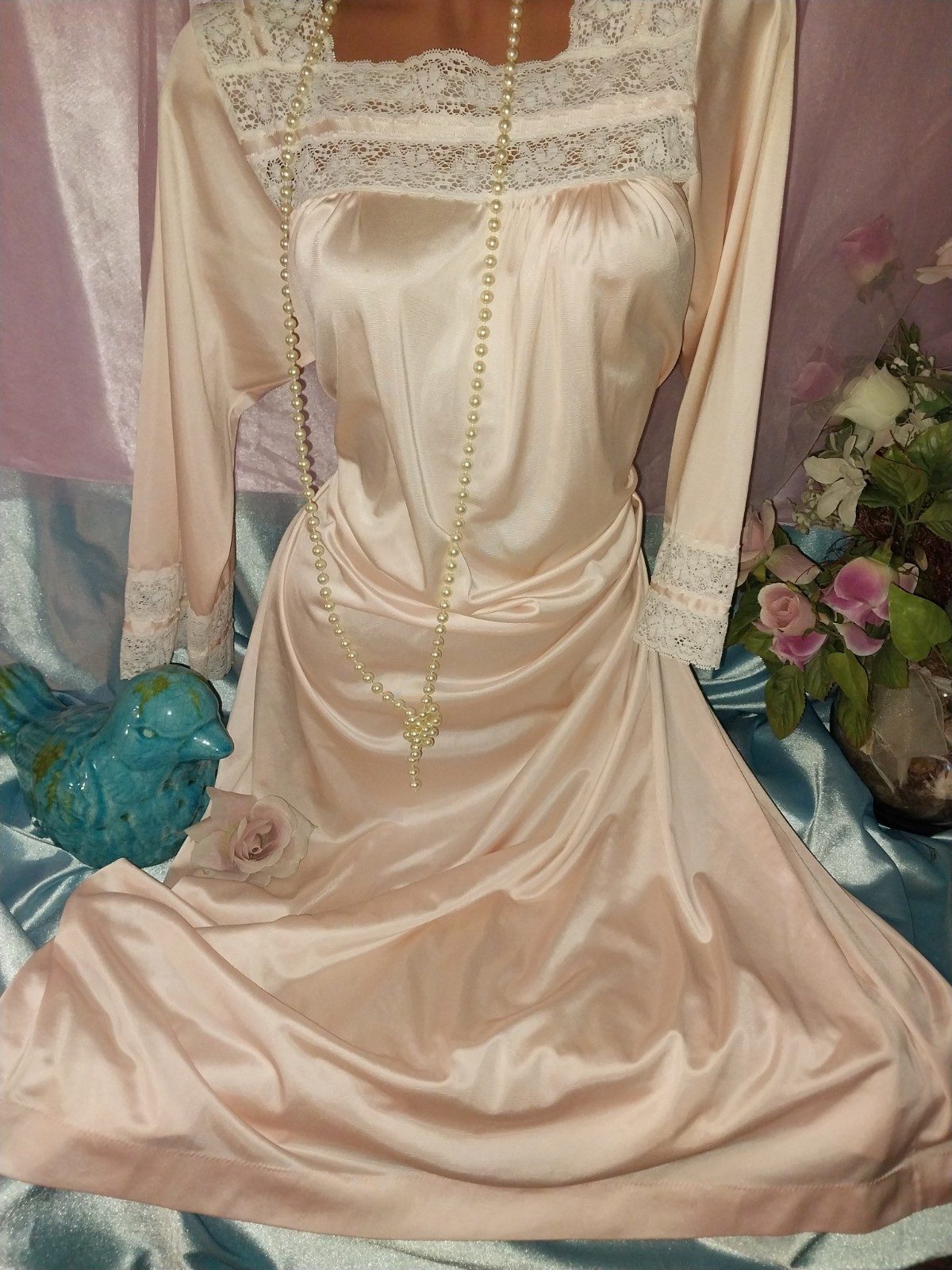 VTG SILKY NYLON SISSY LACE PINK COLONI CLUB 50S SHIM’R NIGHTGOWN SQURE NECK SML