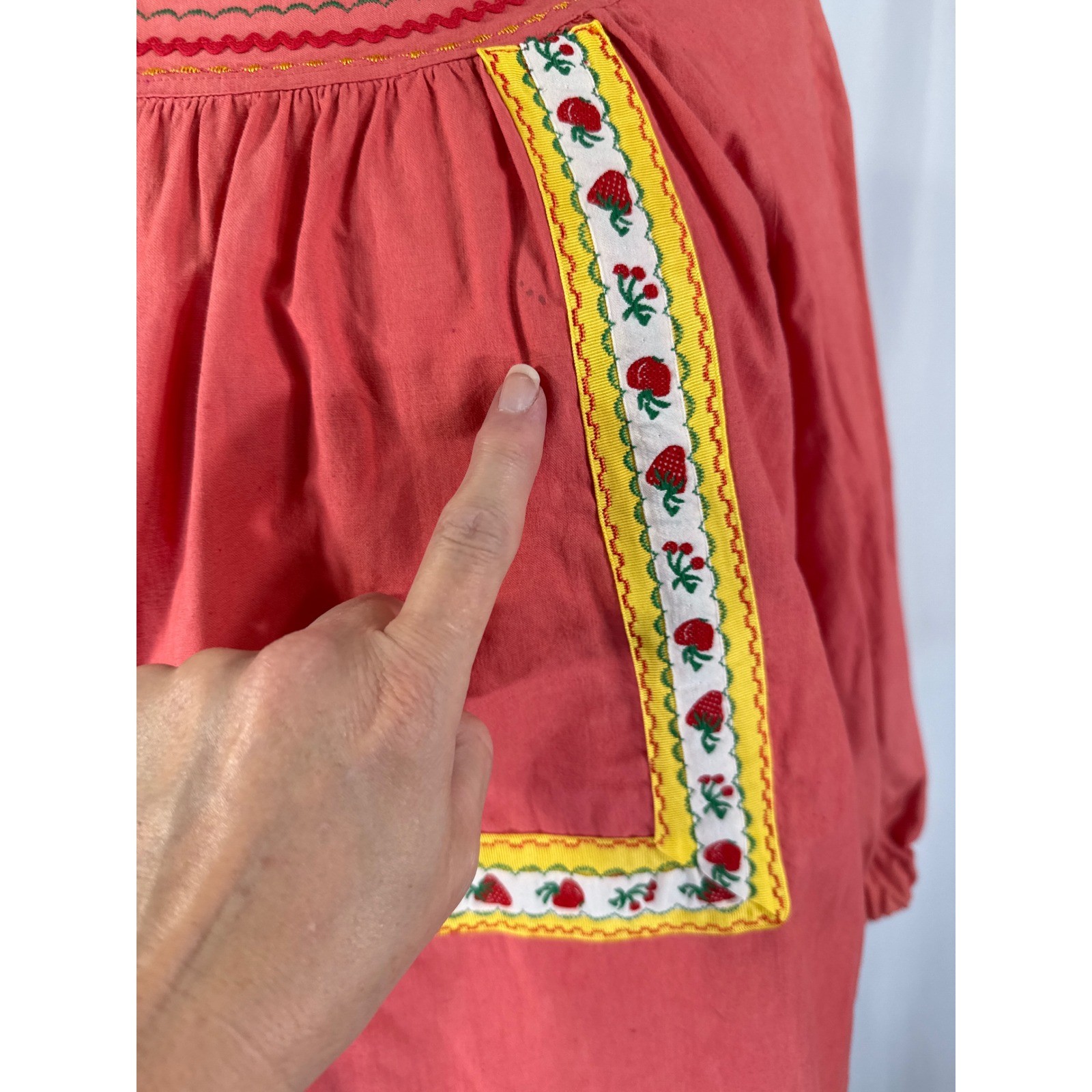 Vintage 70s Handmade Coral Peasant Blouse Strawberry Ribbon Trim Rickrack Boho