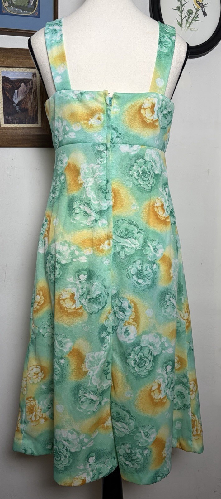 Vintage 70s Midi Dress W/ Sheer Cardigan Set Size 12 Green Yellow Floral