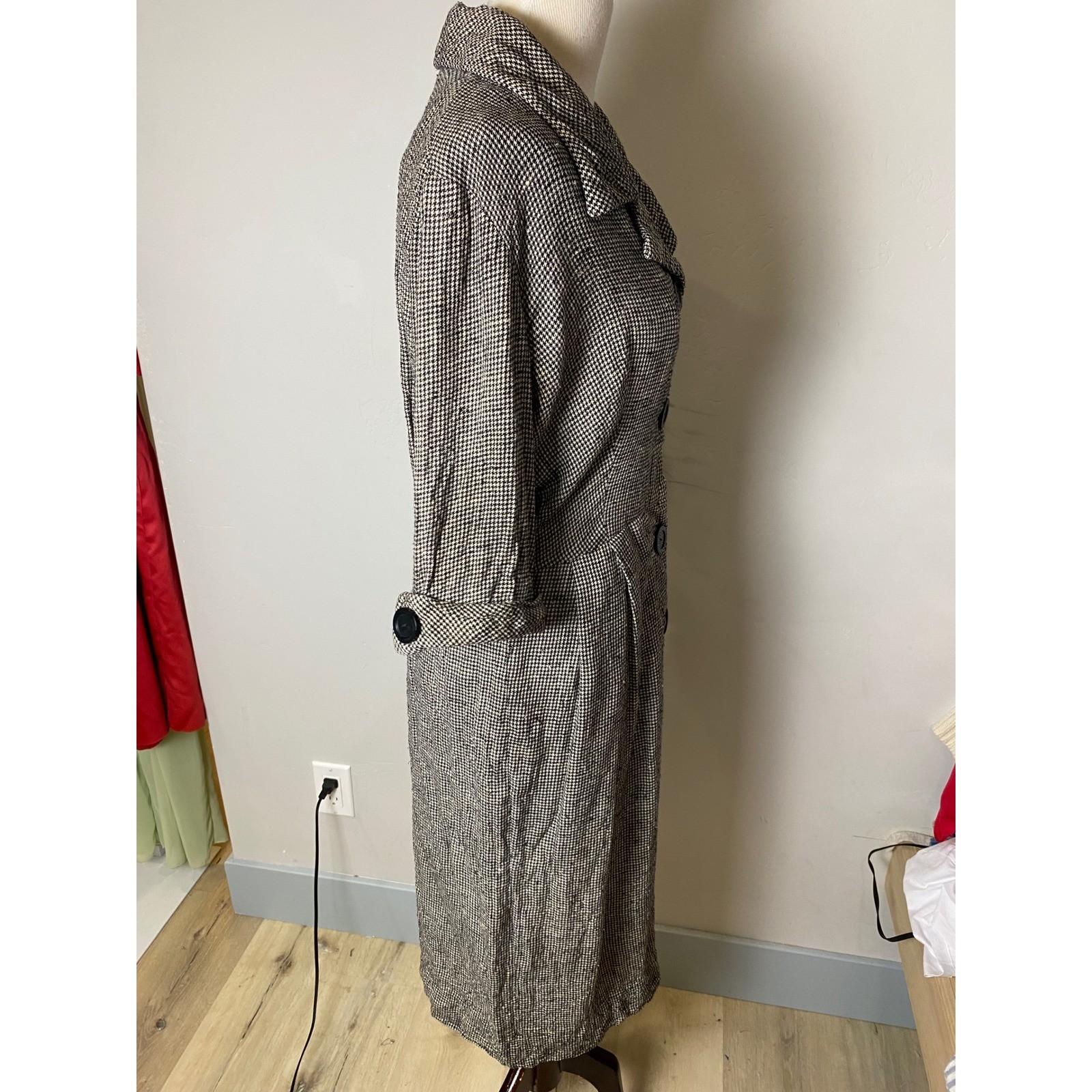 Vintage 40’/50’s Houndstooth Button Front Midi Coat Dress S