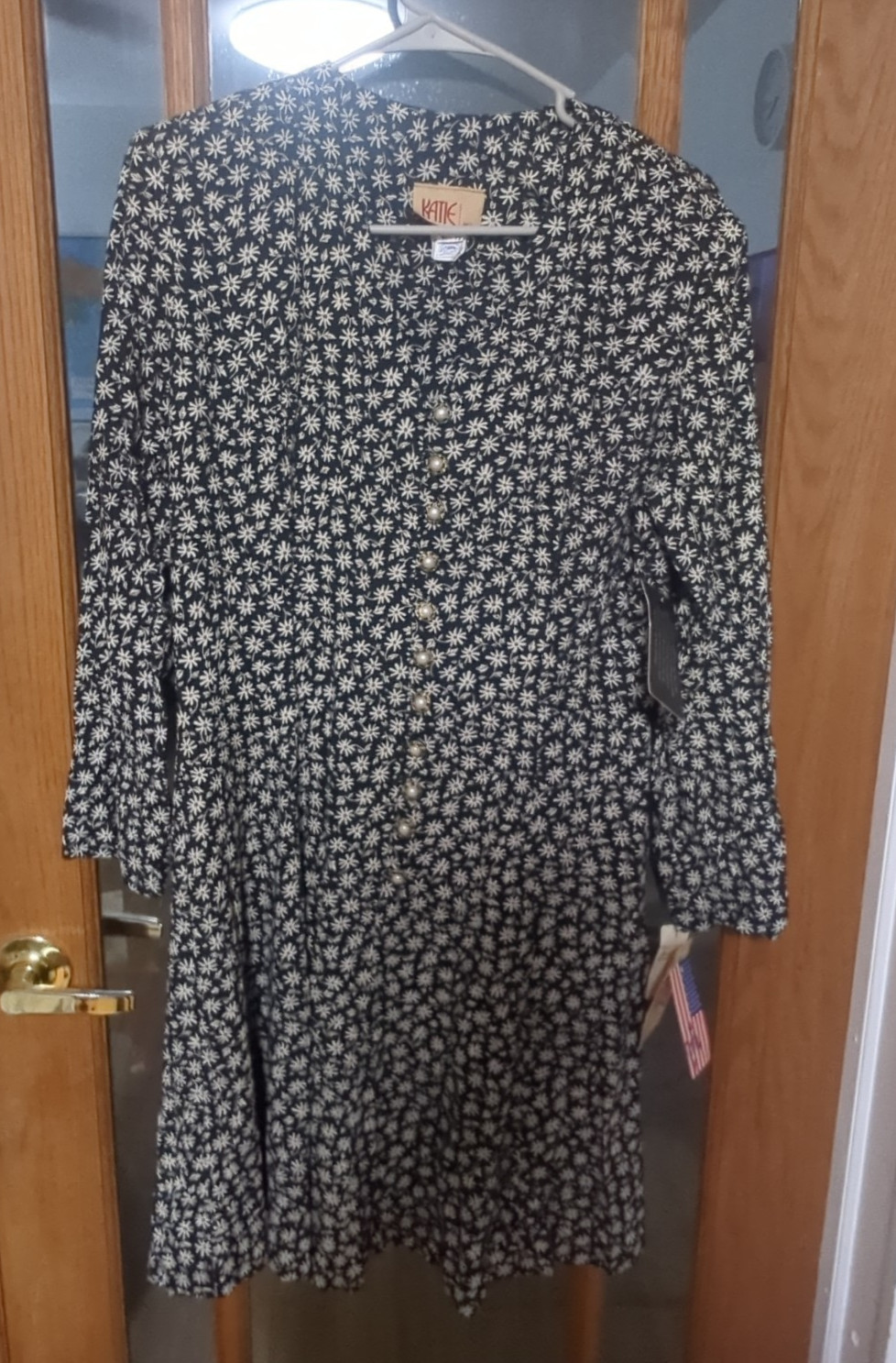 KATIE MFG Floral LSleeve Vintage 80s Dress Size 12 Made In USA Union Made NOS