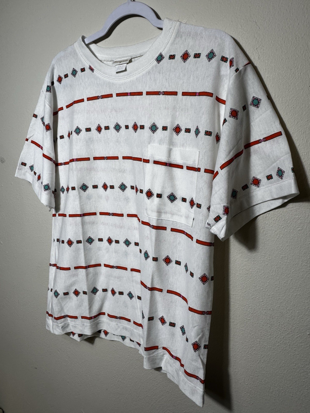 Vintage 1980’s Woman’s Incognito Pocket T-Shirt Geometric Shapes Design Size Med