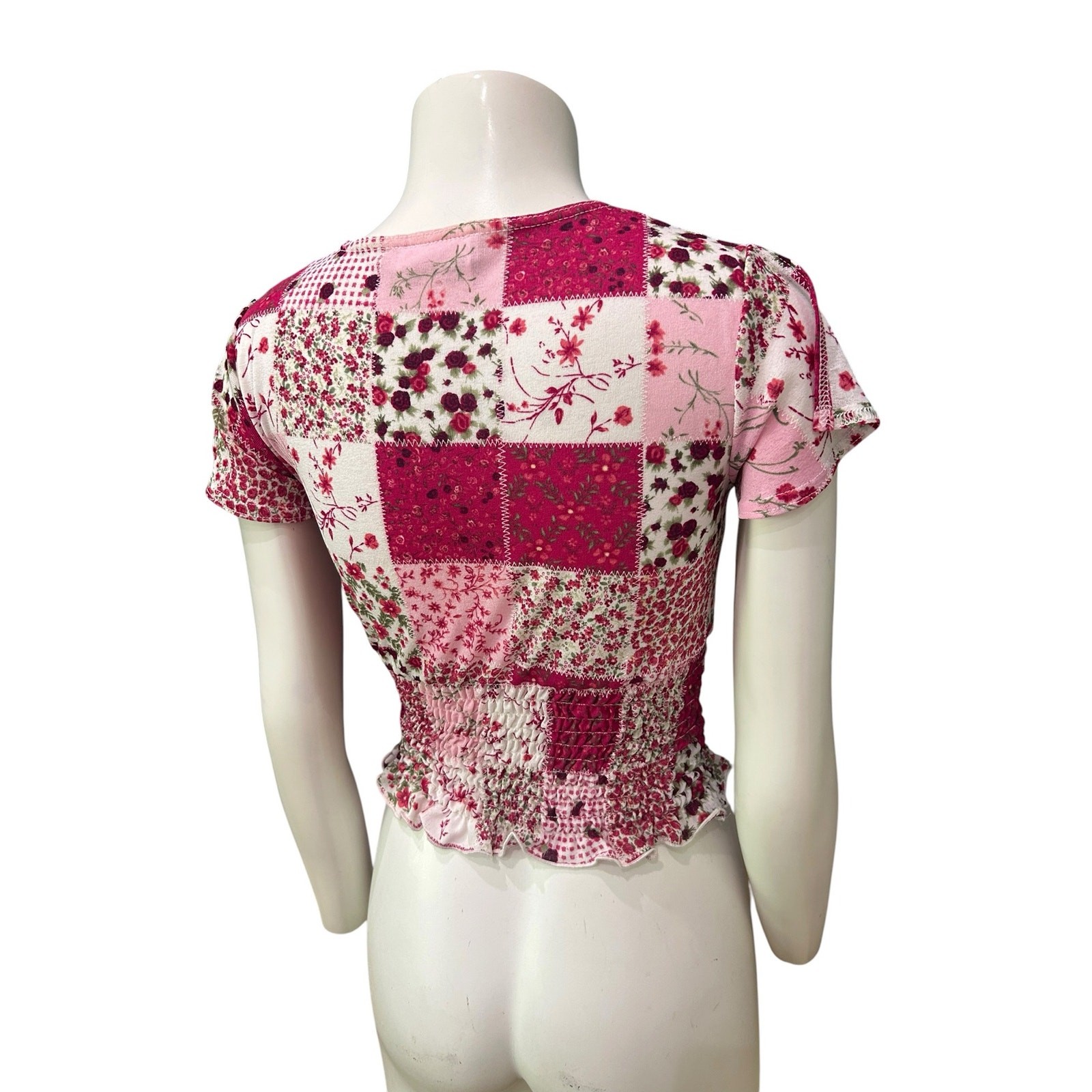 Y2K Pink Patchwork Floral Smocked Crop Top Cottagecore Boho USA Small ^