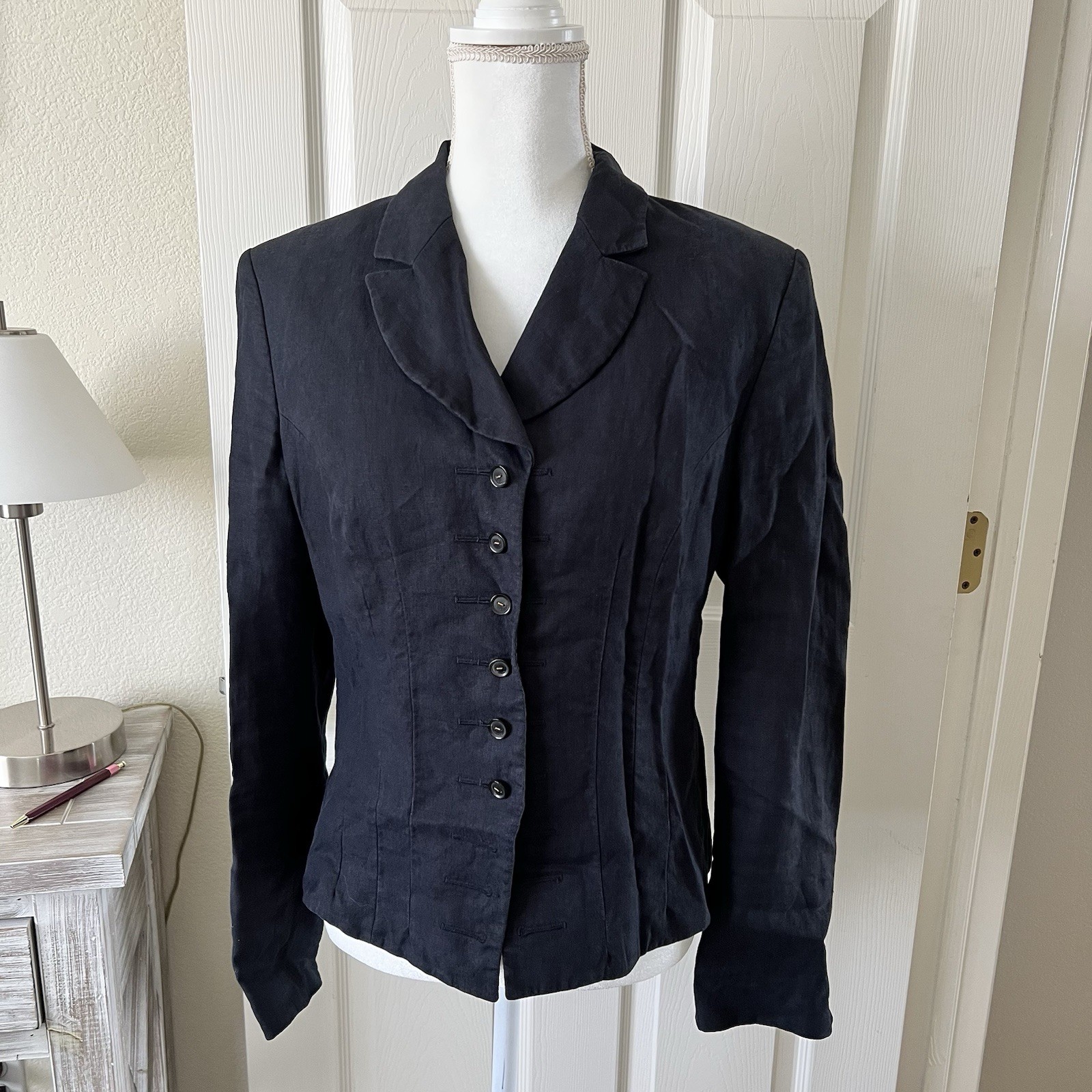 Vintage 90s European Linen Blazer Size 8-10 Fitted Flare Silhouette Navy Blue