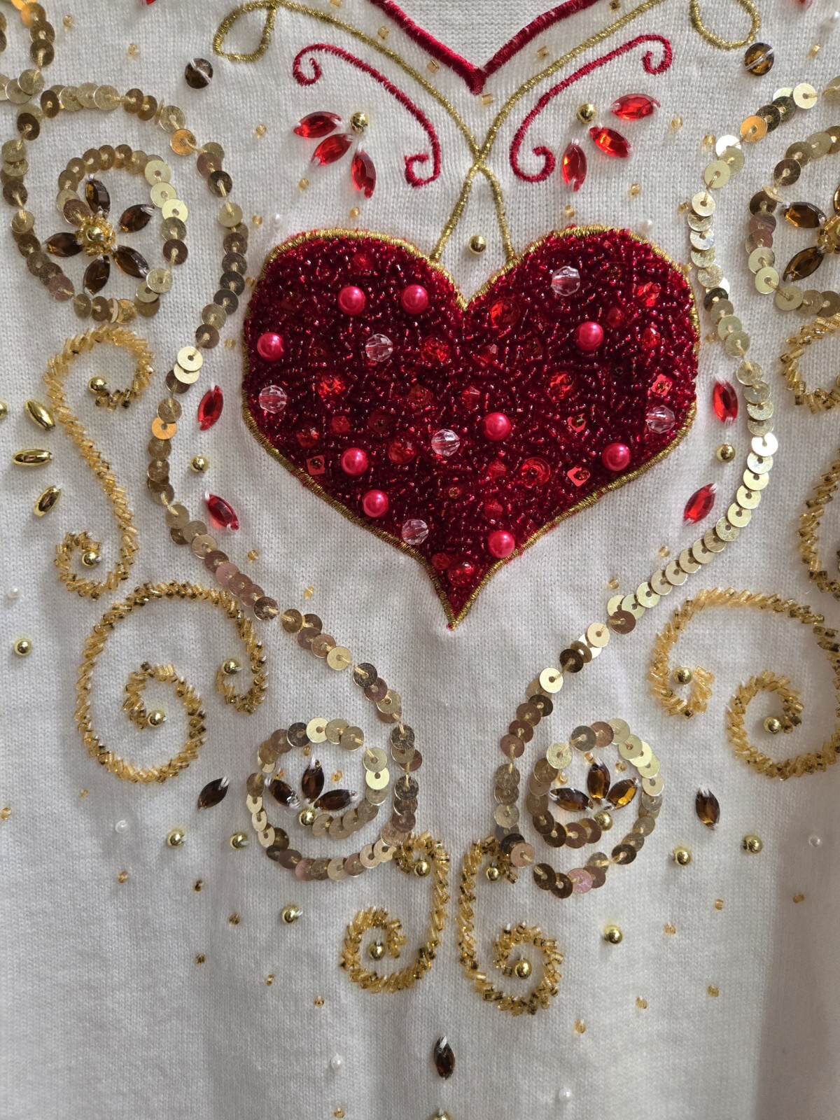 Vintage Women’s Red Sequin Heart White Top By Jack B. Quick 3/4 Sleeve Size LG