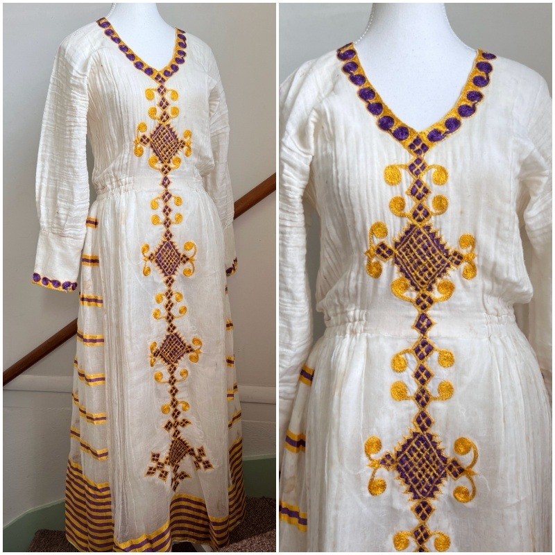 Vintage Embroidered 70s Maxi Dress White Gauze Cotton Purple Gold Tilla Boho