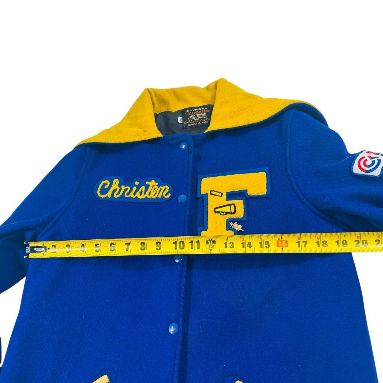 Vintage 1980s Skookum Letterman Cheerleader Jacket Blue Yellow Wool USA Size 36