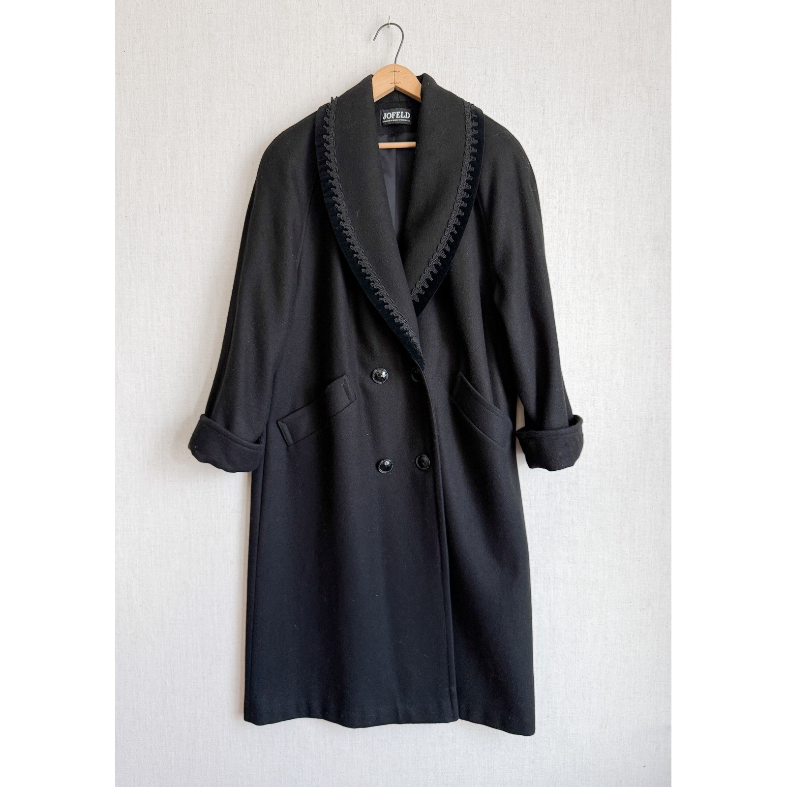 Vintage Jofeld Black Wool Long Coat Velvet Soutache Trim Shawl Collar USA Made