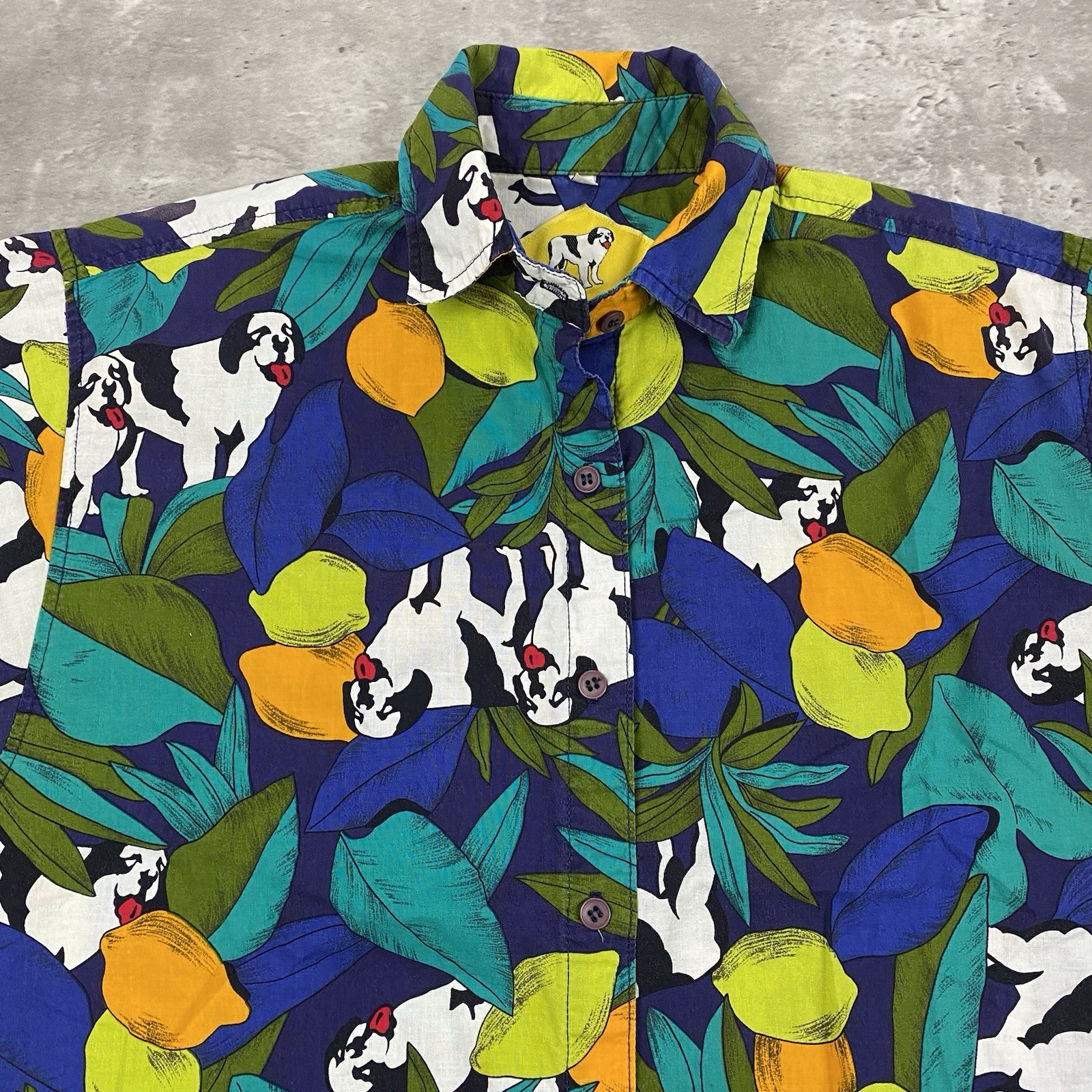 vintage 90s BIG DOGS womens button up shirt M Hawaiian Fruit Lemon Lime aop