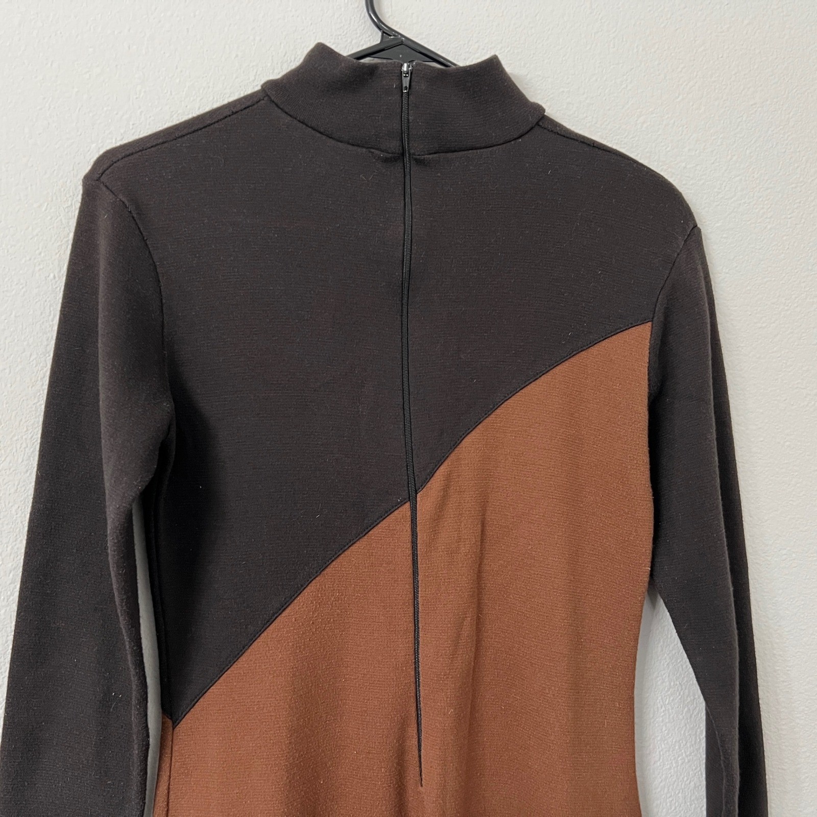 Vintage 90s Stylework Brown Black Colorblock Midi Dress Mock Neck Mod Minimalist