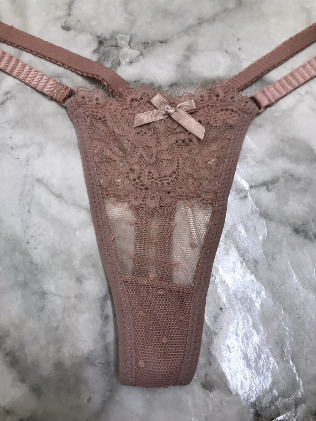 Mesh & Lace Sz Small Thong String Panties Pink Underwear w/ Bow