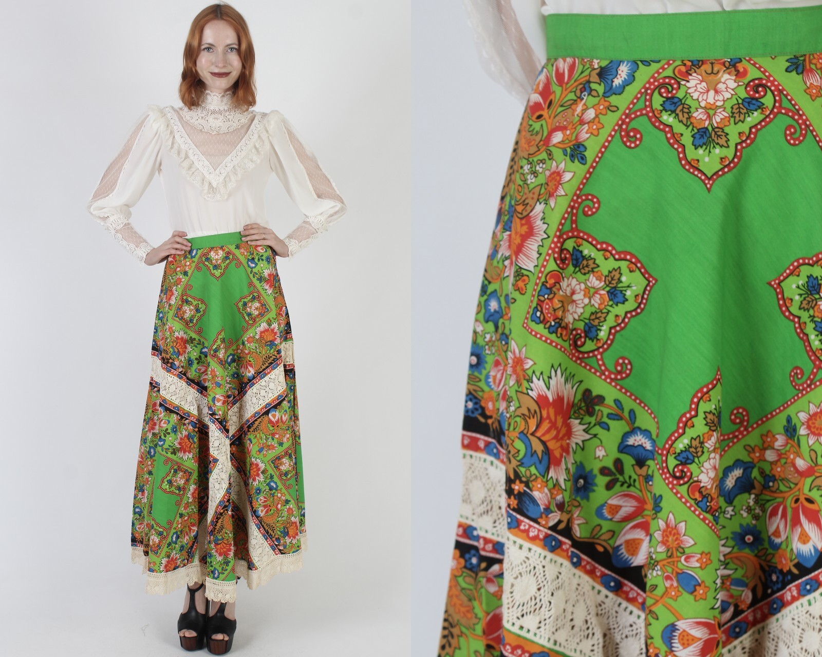 Vtg Long Full Skirt Paisley Handkerchief Hanky Sirt Crochet Maxi Bandana Hippie