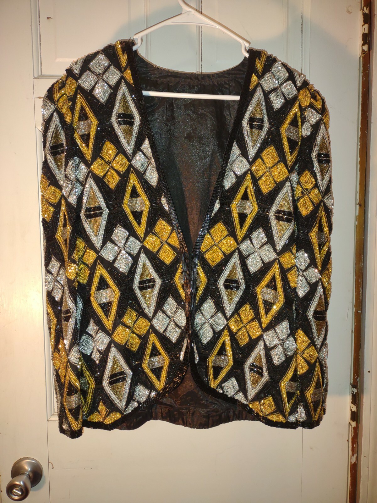 Vintage 90s Black and Gold Sequin Jacket, Embellished Cardigan – Sz M (see meas.