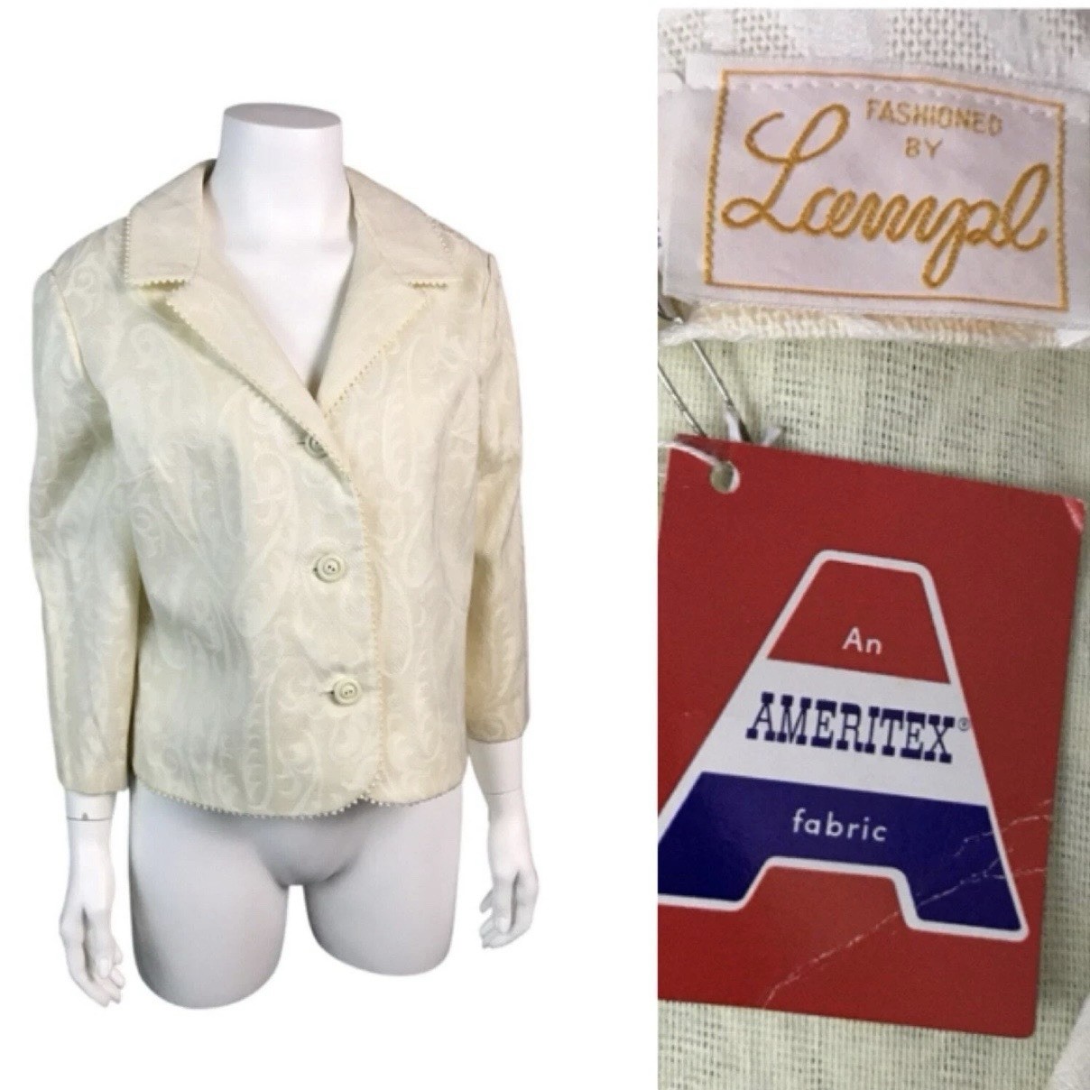 NWT Vintage 1960s Cream Paisley Brocade Jacket Cropped Boxy Blazer Medium