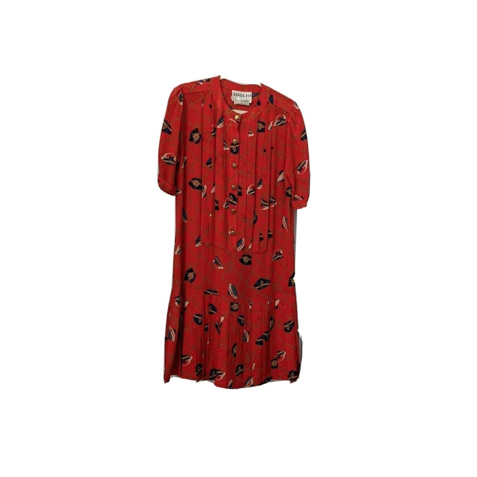 Adolfo Fine Feathers Red Nautical Dress Captain Hat Rope Print Vintage 80s