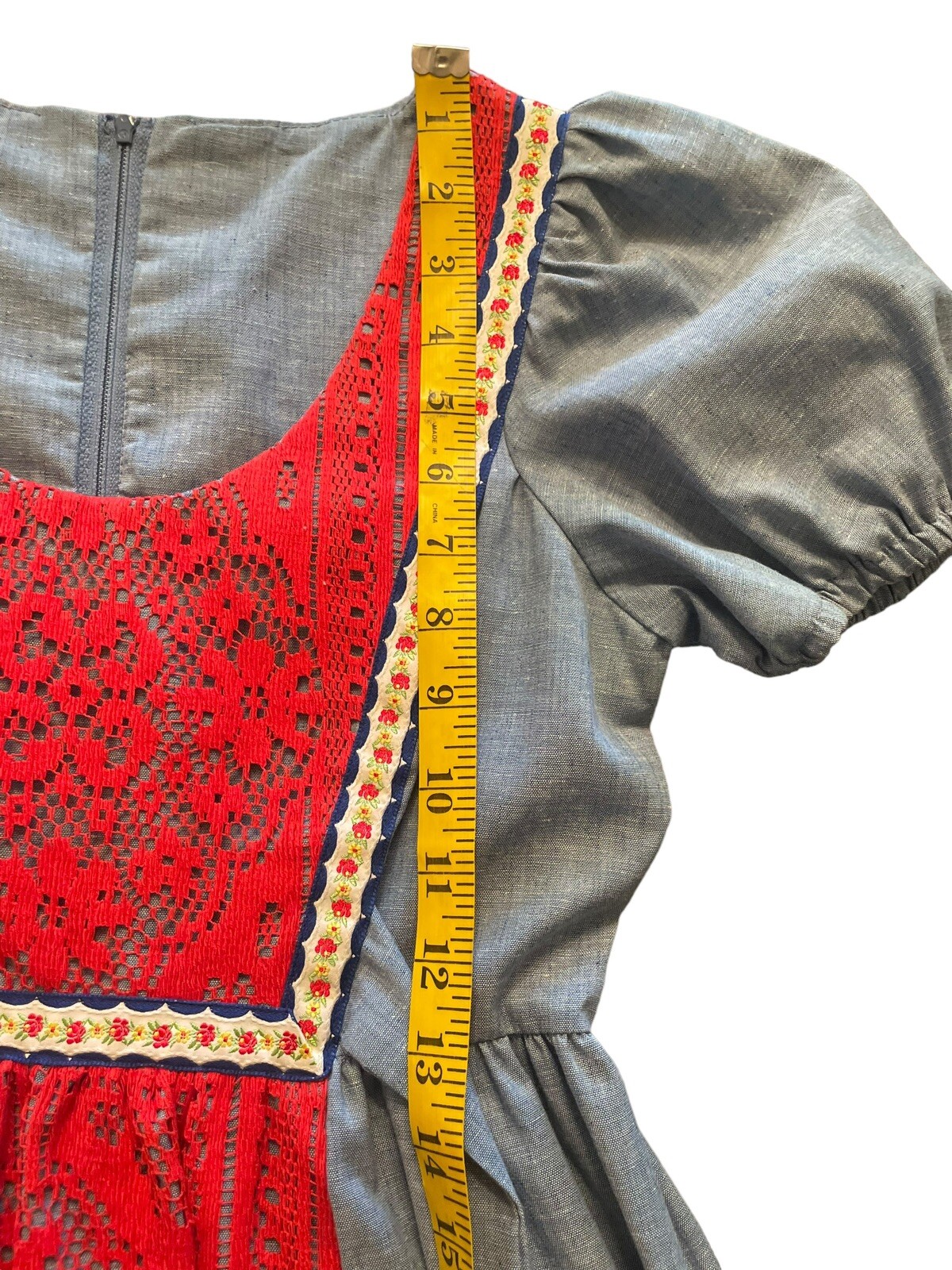 VINTAGE Joy Stevens CA boho maxi dress Blue Red Pinafore Lace Crochet Puff 3/4