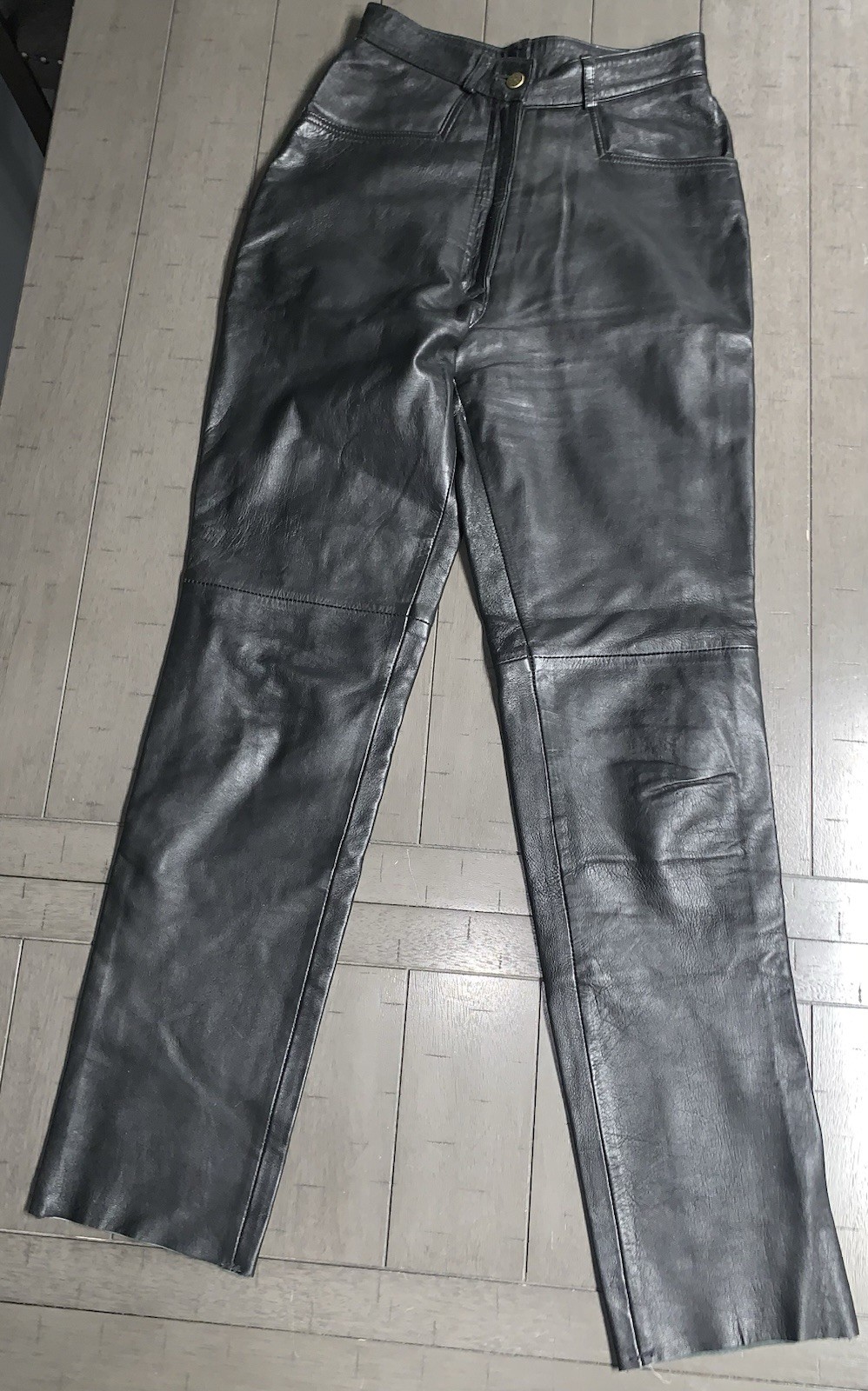 B1 Y2K CANDA C&A BLACK SOFT LEATHER PANTS SZ 4 RAW HEM BOOTCUT MOTORCYCLE 24×31”