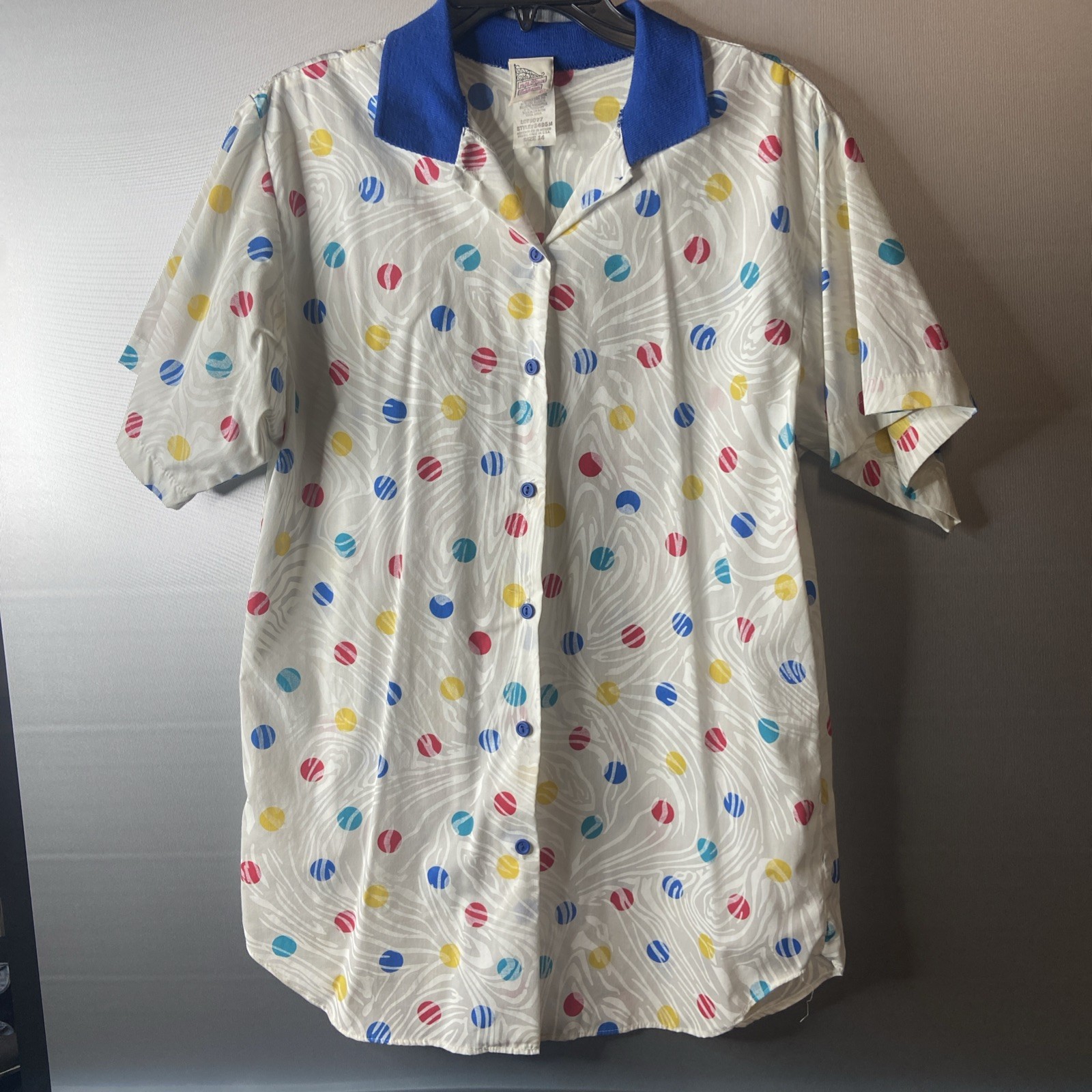 Vintage 14th Place California Size 14 Short Sleeve Knit Collar Blouse Polka Dots
