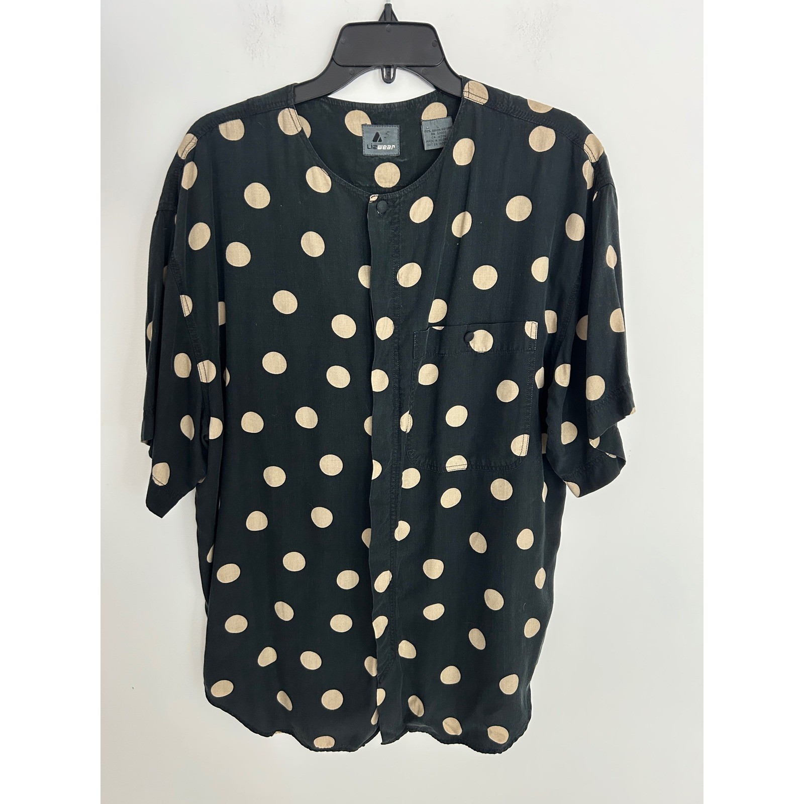 Lizwear Vintage Polka Dot Rayon Button Down Shirt Black Tan Large Short Sleeve
