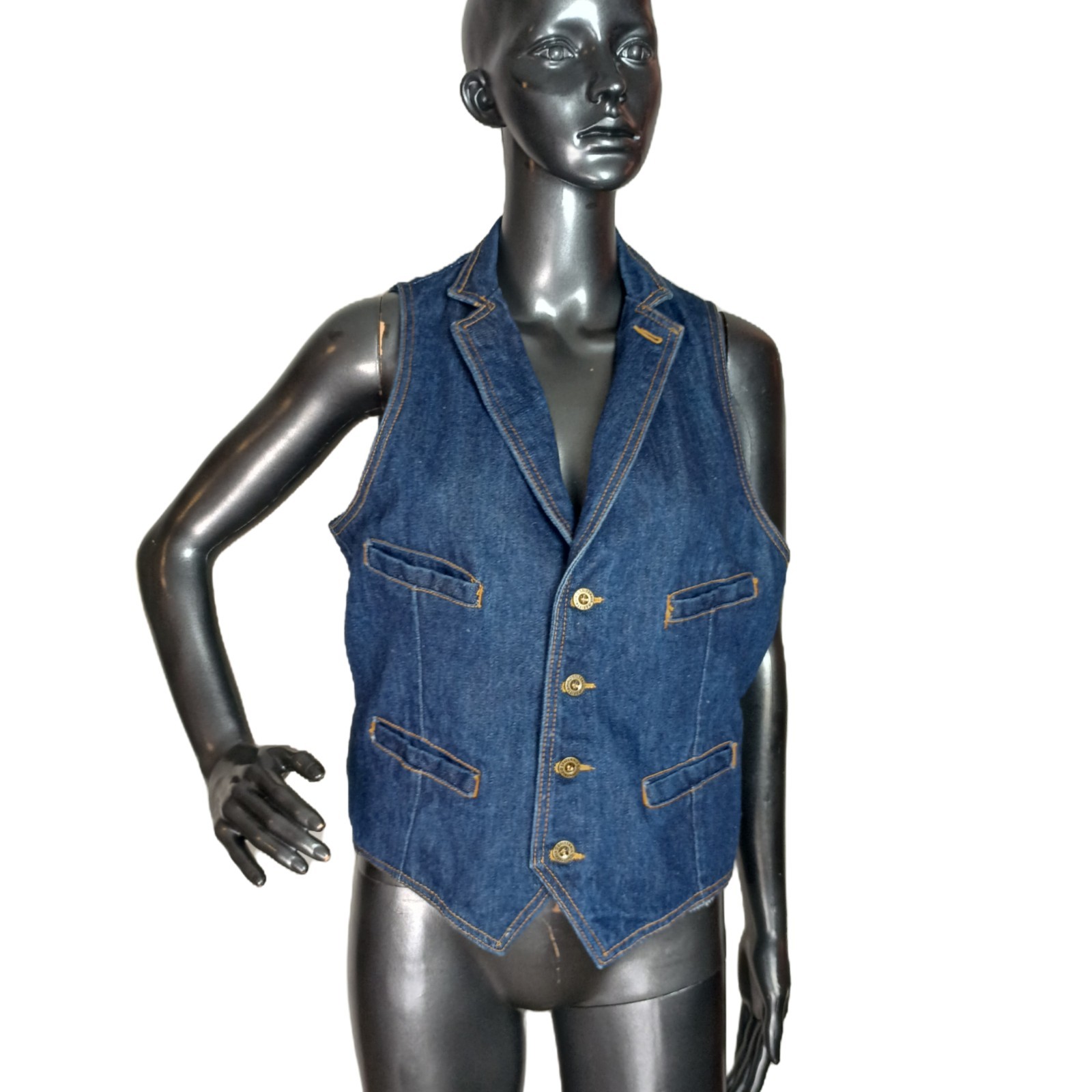 Vtg 1970’s Women’s Brittania Dark Blue Denim 4 Pocket Button-up Suit Vest Size M