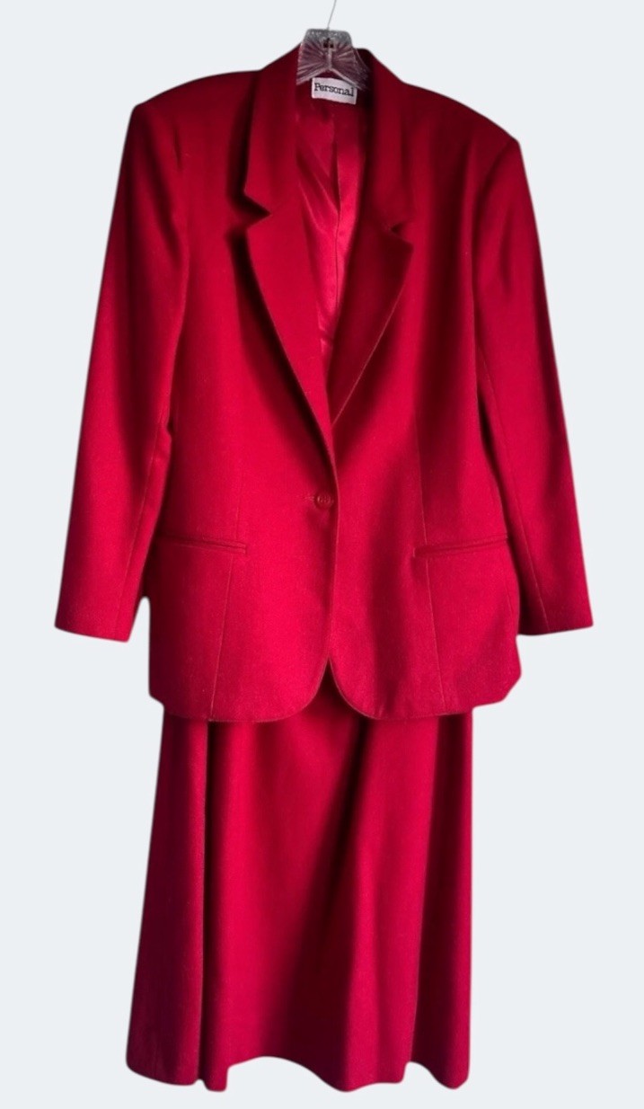 Vintage Red 100% Wool Power Suit Women Size 14 Blazer Skirt Set Office Core 80s