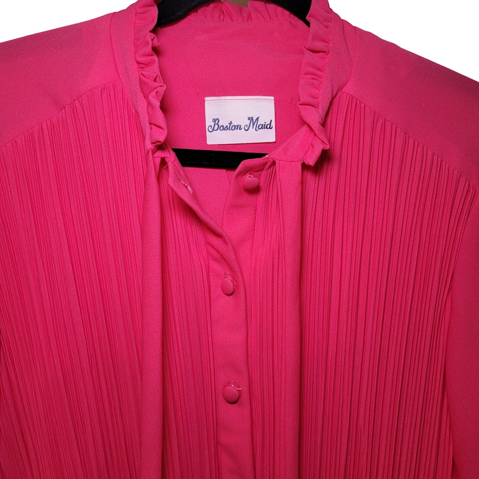Vintage 70s 80s Boston Maid Fuschia Button Down Midi Dress Pleated Belted