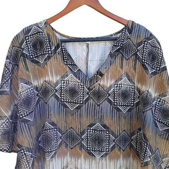 Vintage Top M Neutrals Aztec Tribal Southwest Print Tank Sheer Cape Overlay
