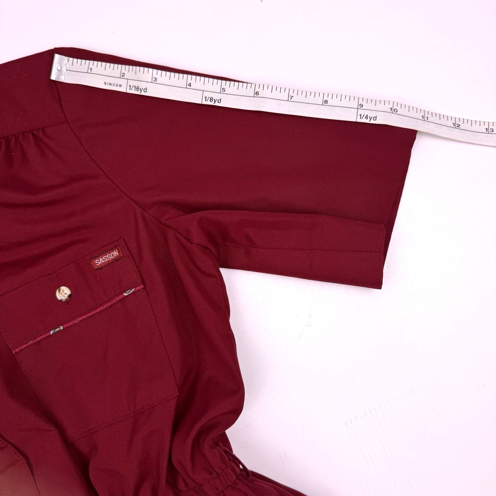 Sasson Short Sleeve Shirt Dress Vtg 70’s Maroon Paisley Trim Cotton Retro Preppy
