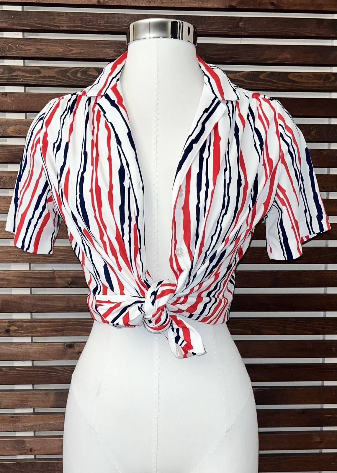 1970s 70s Vintage Red Blue White Striped Button Short Sleeve Graff Blouse Shirt
