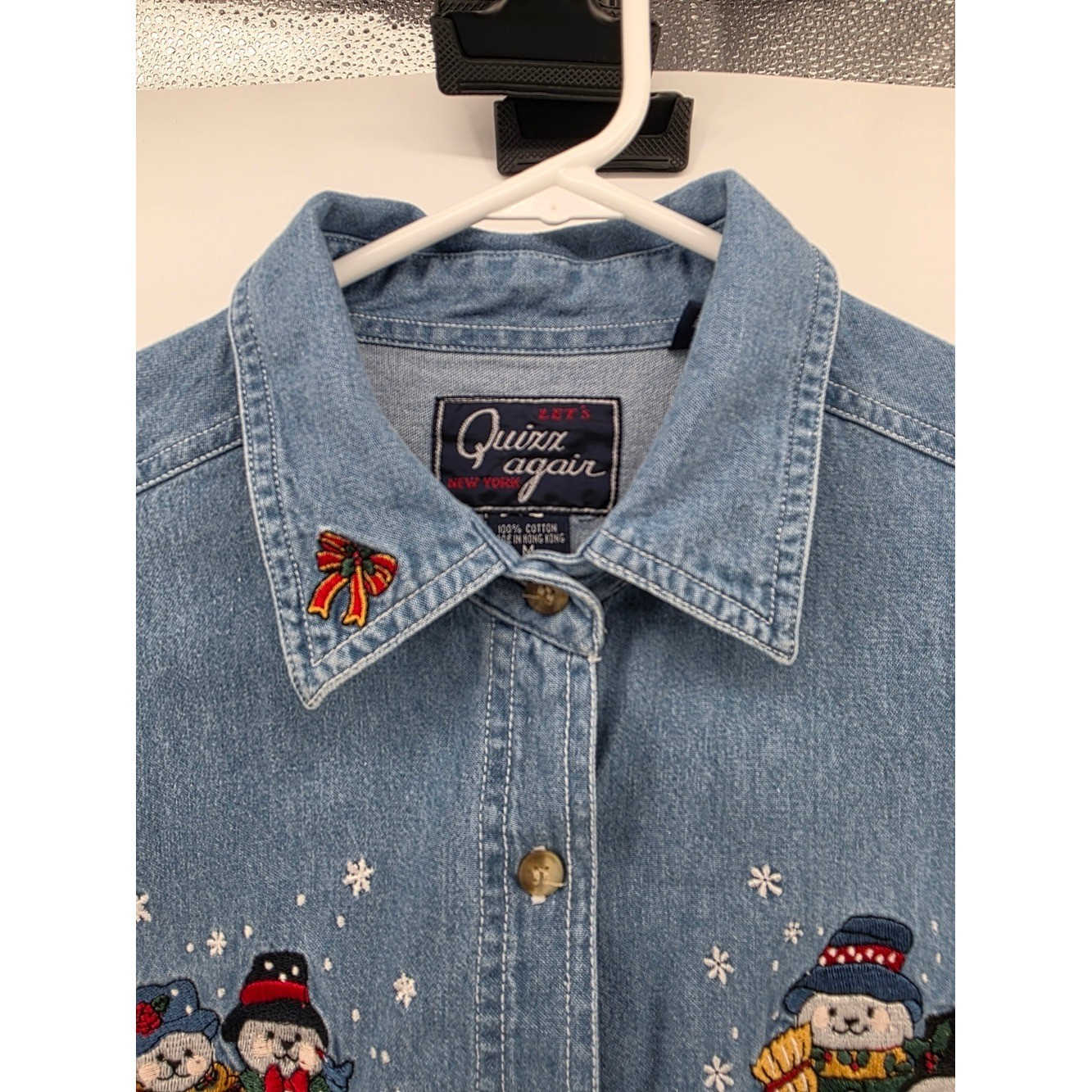 Let’s Quizz Again Vintage Snowman Embroidered Denim Shirt Medium Wash Blue M