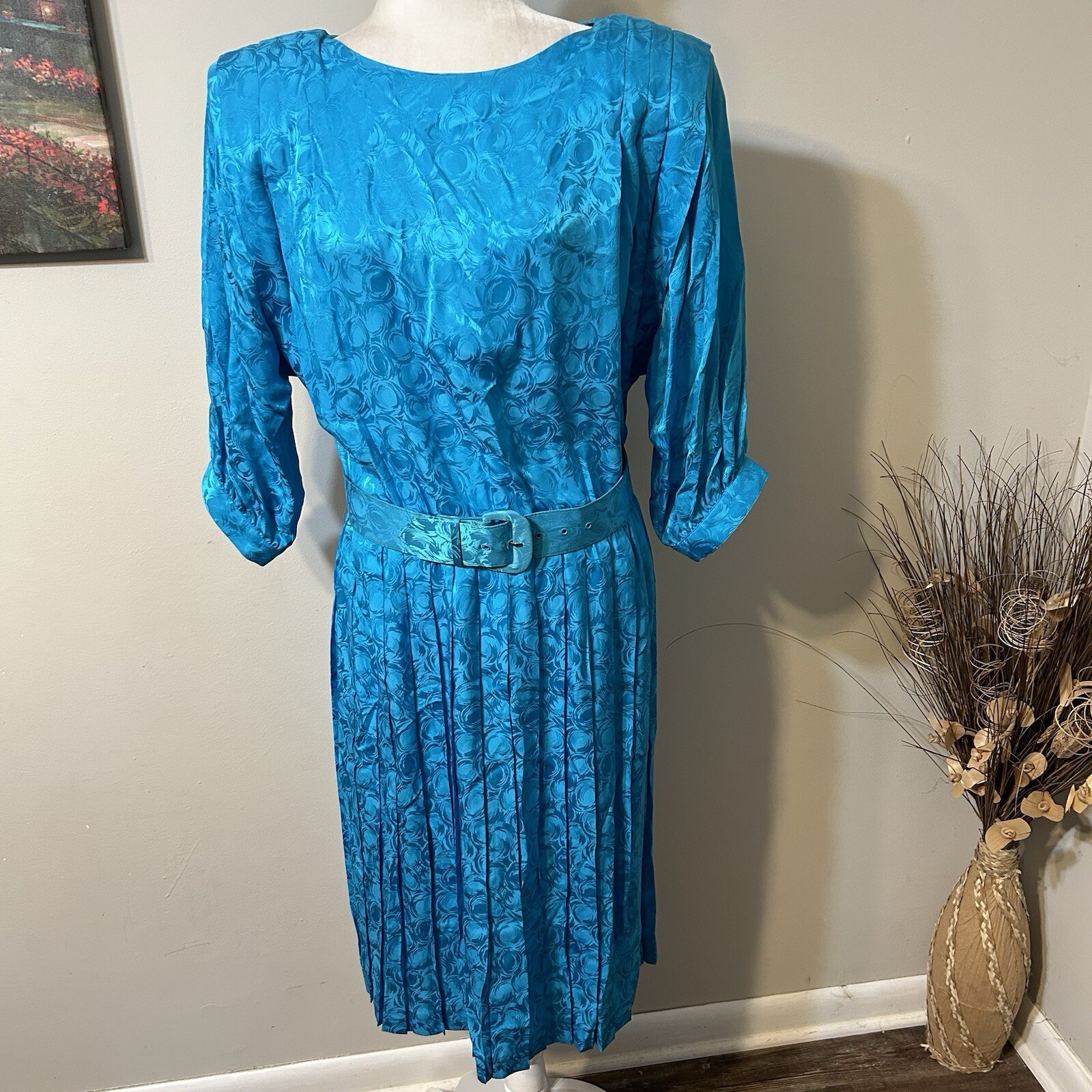 Vtg 80s ARGENTI 100% Pure Silk Blue Pleated Short Dress Elastic Waist Belt Sz 12