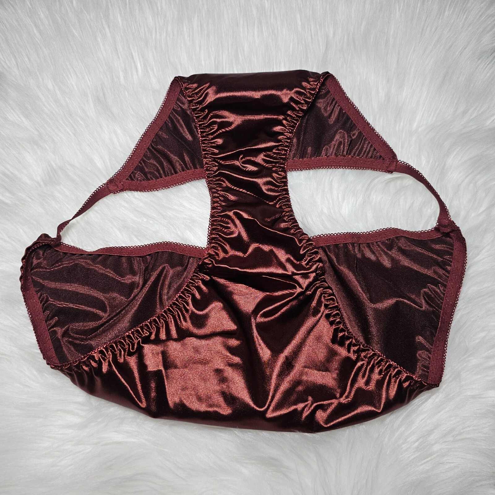 Vintage Glossy Satin Panty Sissy Brown String Bikini Brief Size 8-9 Hip 42-46″