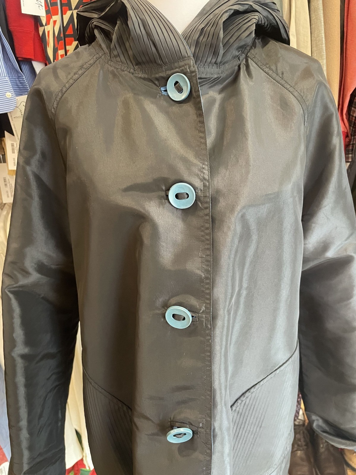 *Reversible* Blue and Black Windbreaker material long trench with pleated hood—M