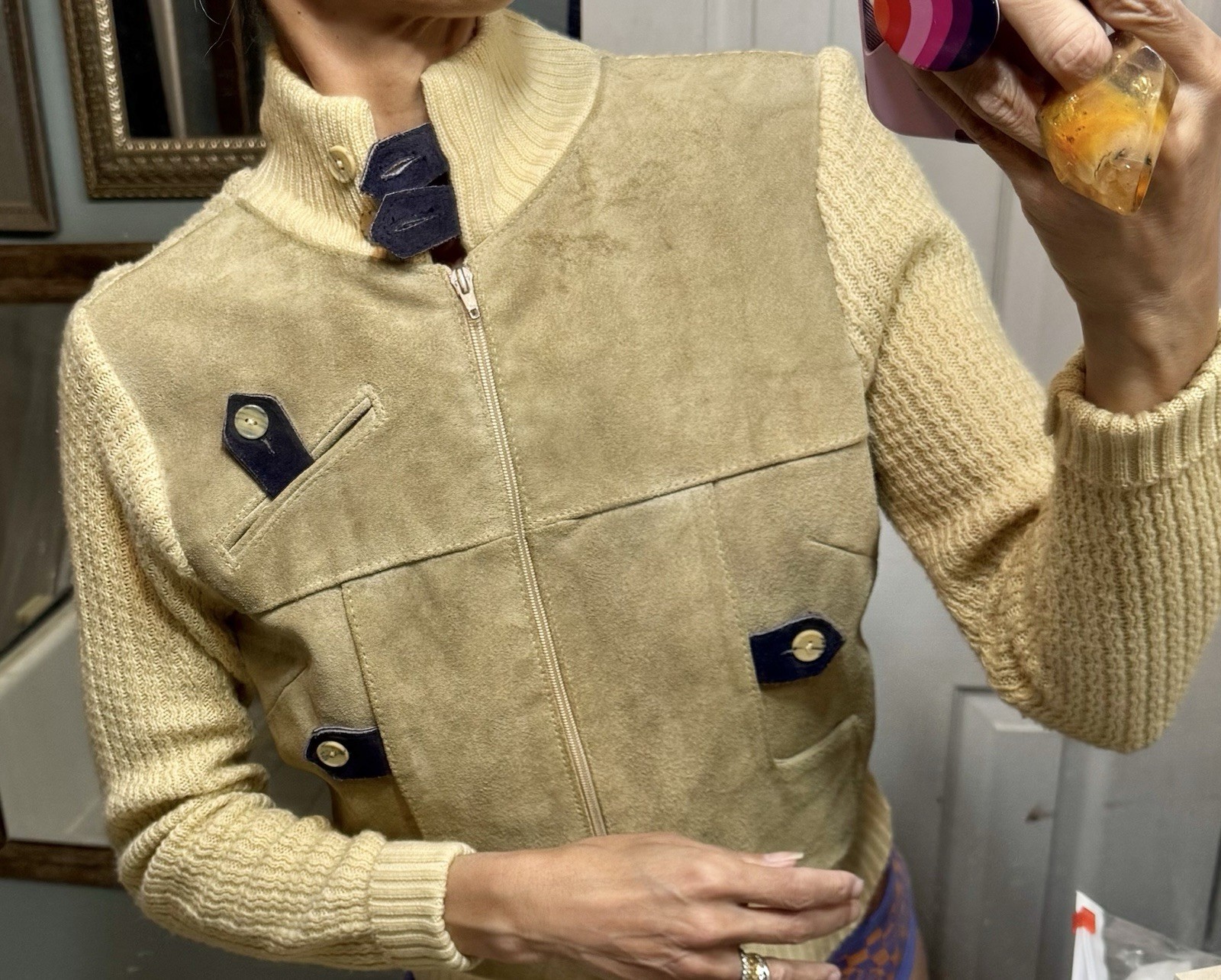 Vtg Suede Leather Acrylic Sweater Jacket Arpeja Taiwan Organically Grown Beige S