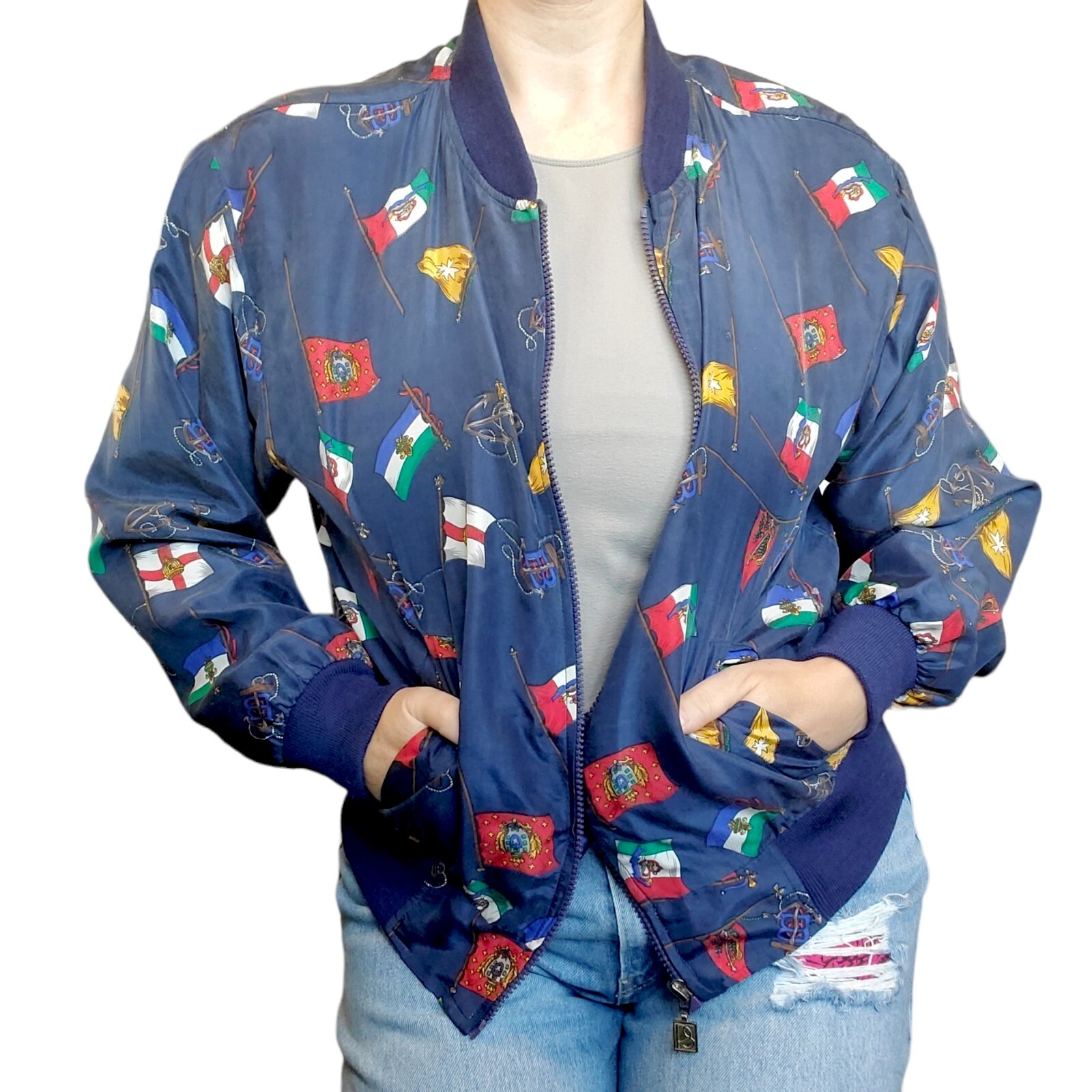 Vintage 90s Navy Blue Silk Womens Bomber Jacket S/M Flags Nautical Yacht