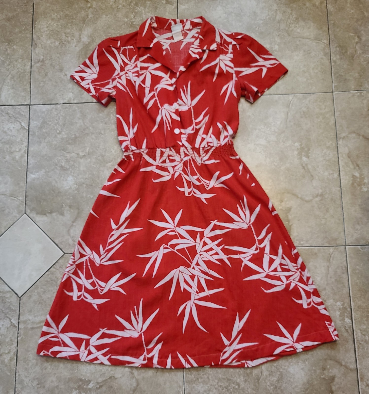 Vintage Tropical Floral Red/White Shirt Dress Sz 5/6 Tiki Bar Oops California