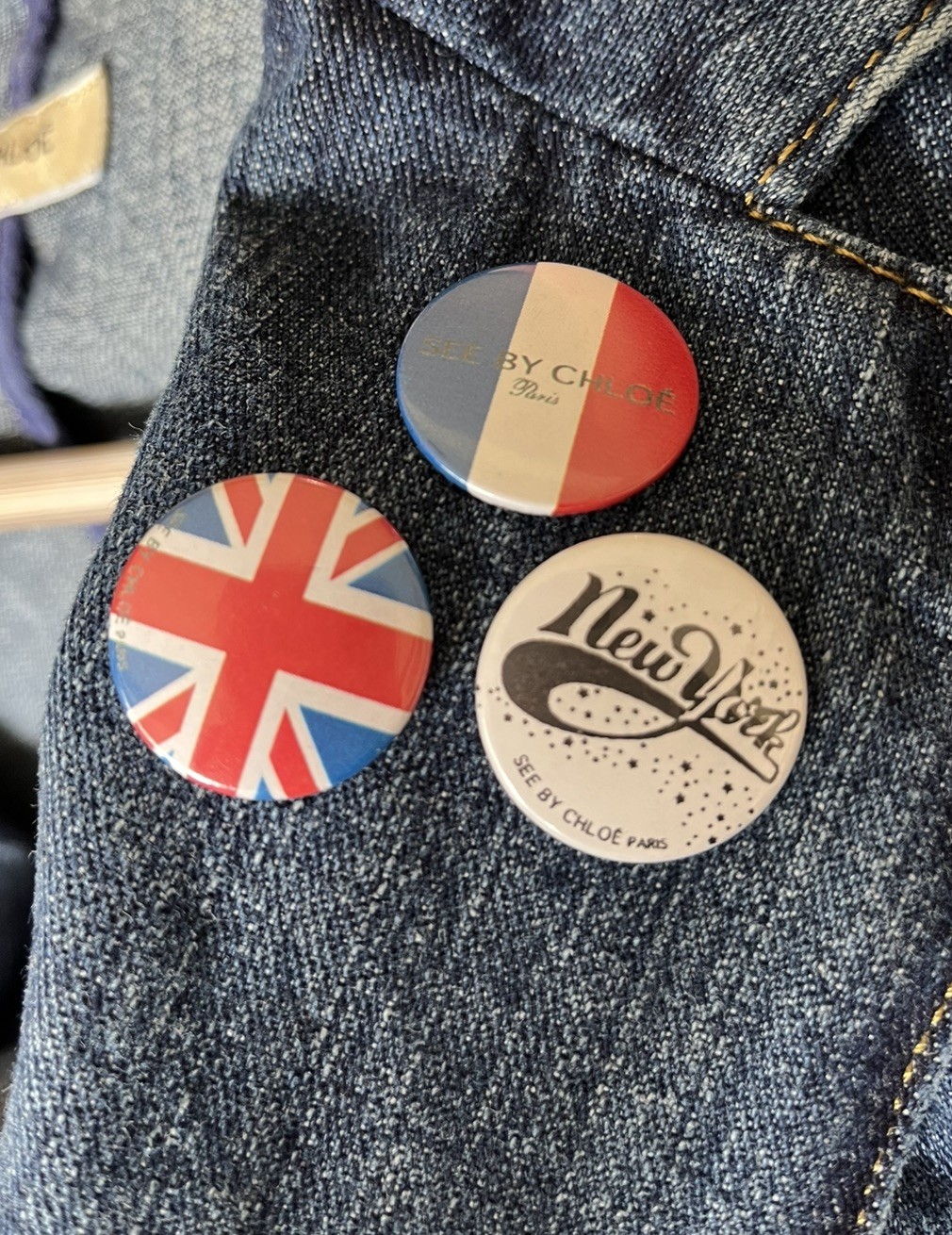 Vintage SEE BY CHLOÉ Paris Denim Jacket with Button Badges, Size 36 (French)