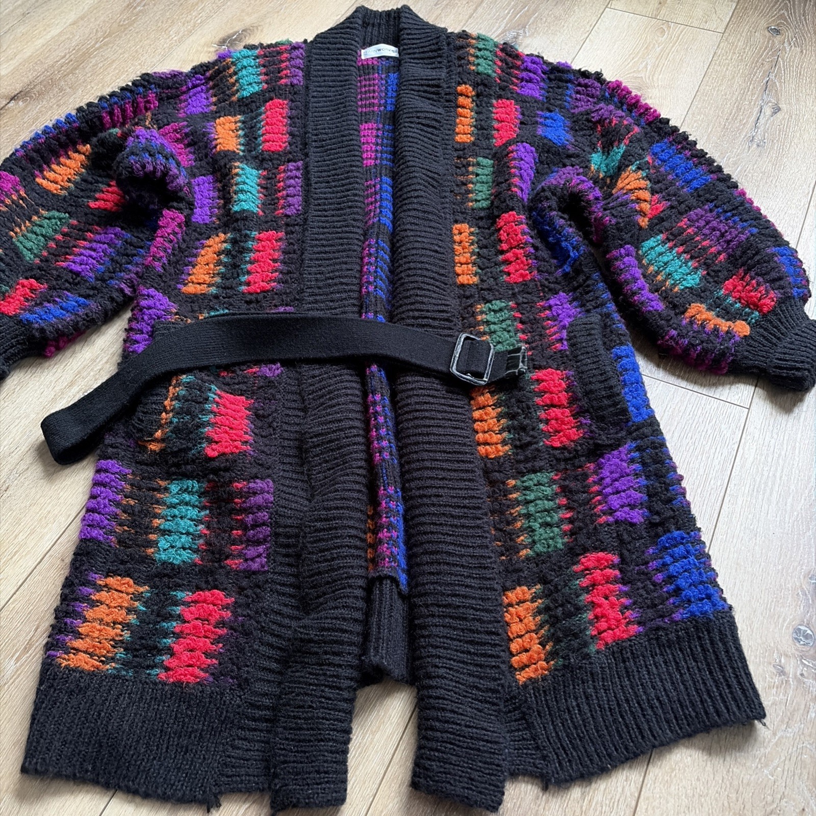 Vintage Yarnworks Womens Belted Long Cardigan Sweater Chunky Funky Art 80s Sz L