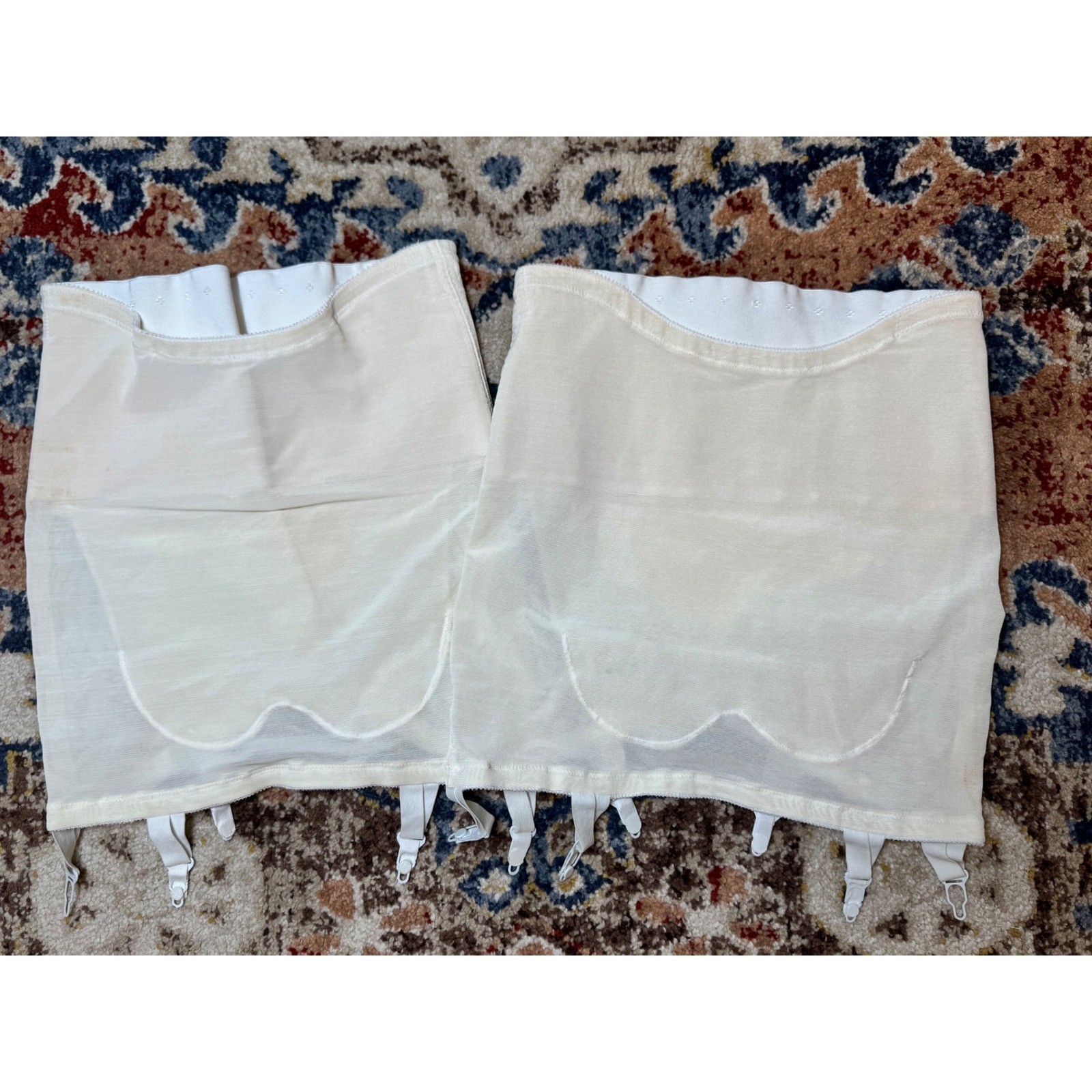 Vintage High Waisted Girdle Set Cream Diamond Stitch Garter Clips Large 29/30