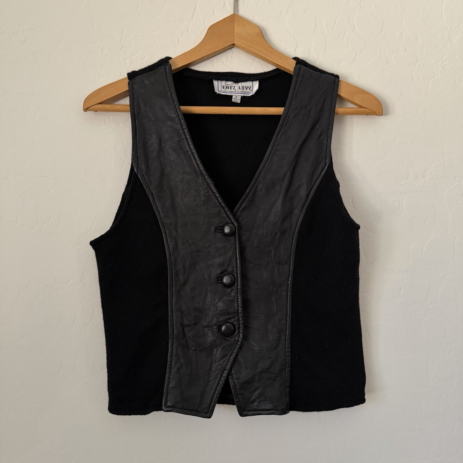 Vintage Erez Levy Black Leather & Wool Vest Women’s Small Minimalist 90s
