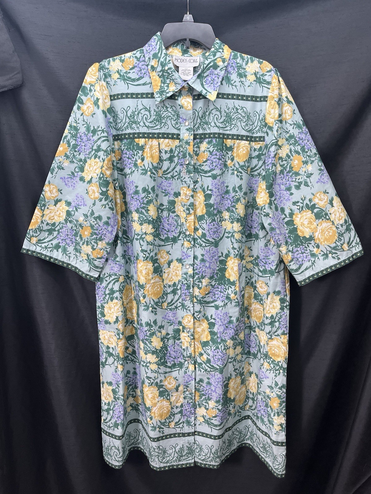 Vintage Models Coat House Duster L Floral Pearl Snap Cottagecore Yellow Roses