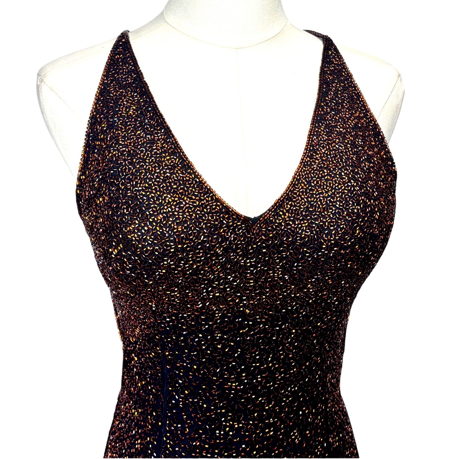 VTG Scala Dress Black Copper Gold Beaded Ombre Backless Formal Gown Silk 4