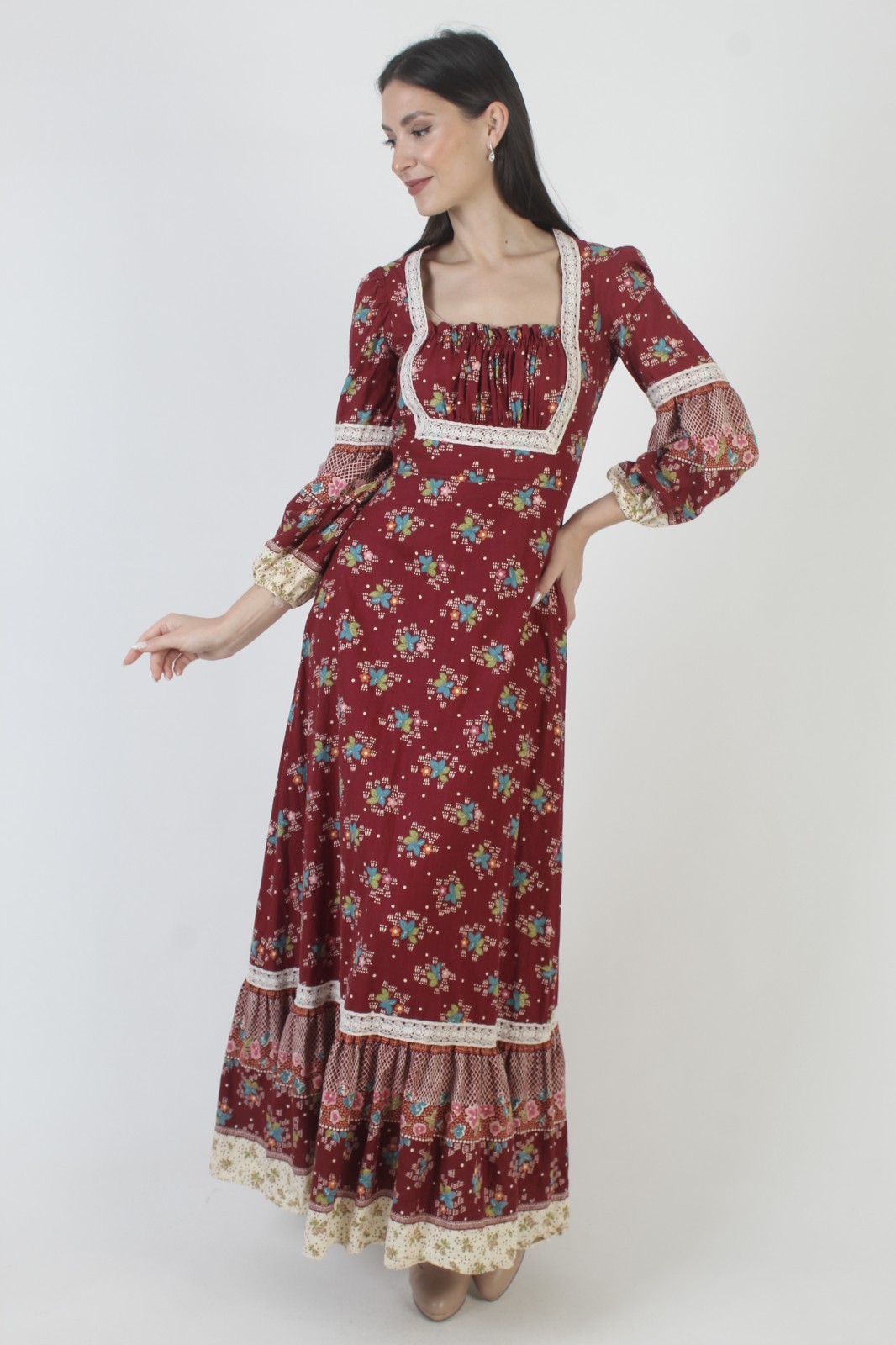 Vtg 70s This Is Your Prairie Dress San Francisco Hippy Calico Cottage Peasant
