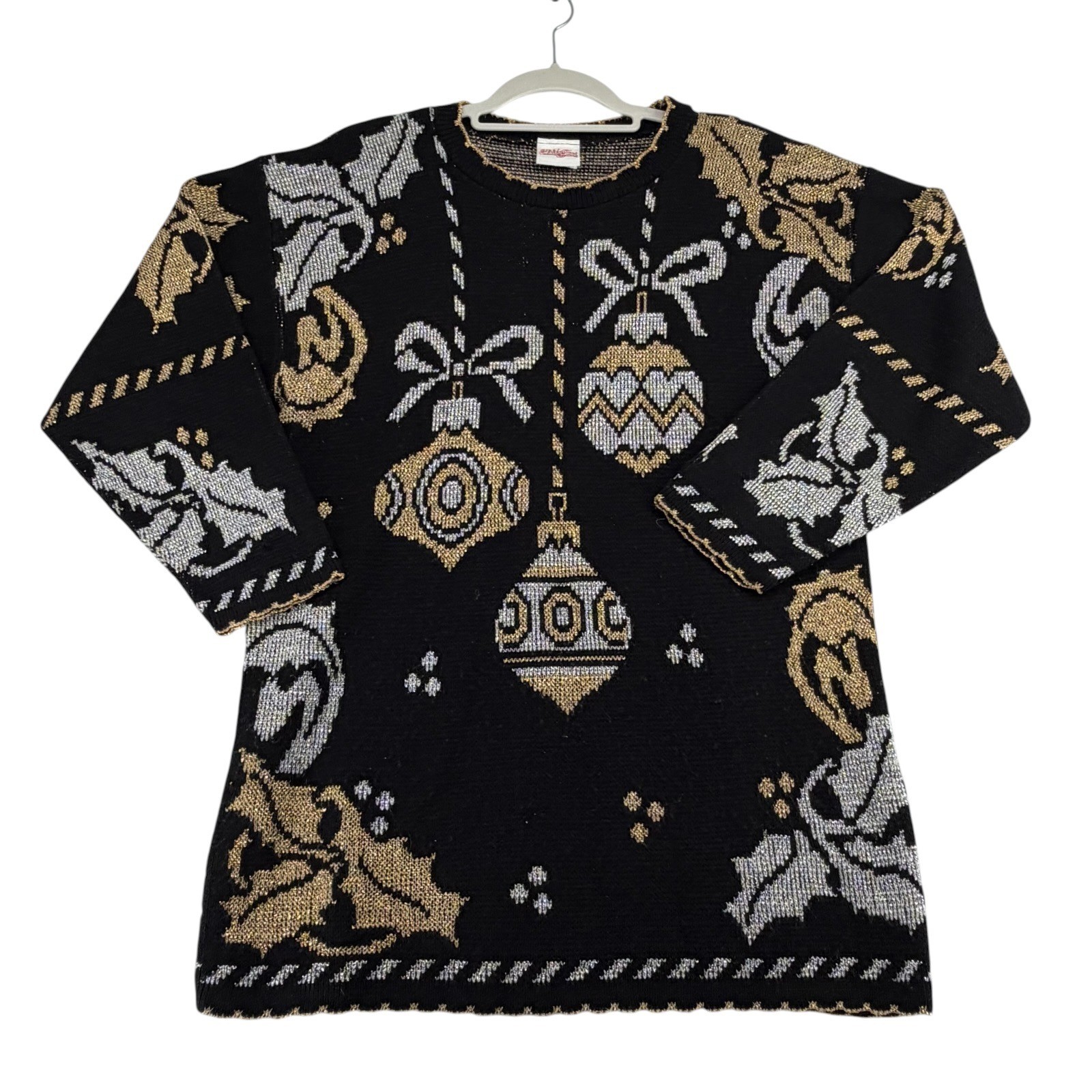 Holiday Time Vintage USA Christmas Sweater Women Medium Gold Silver Ornaments